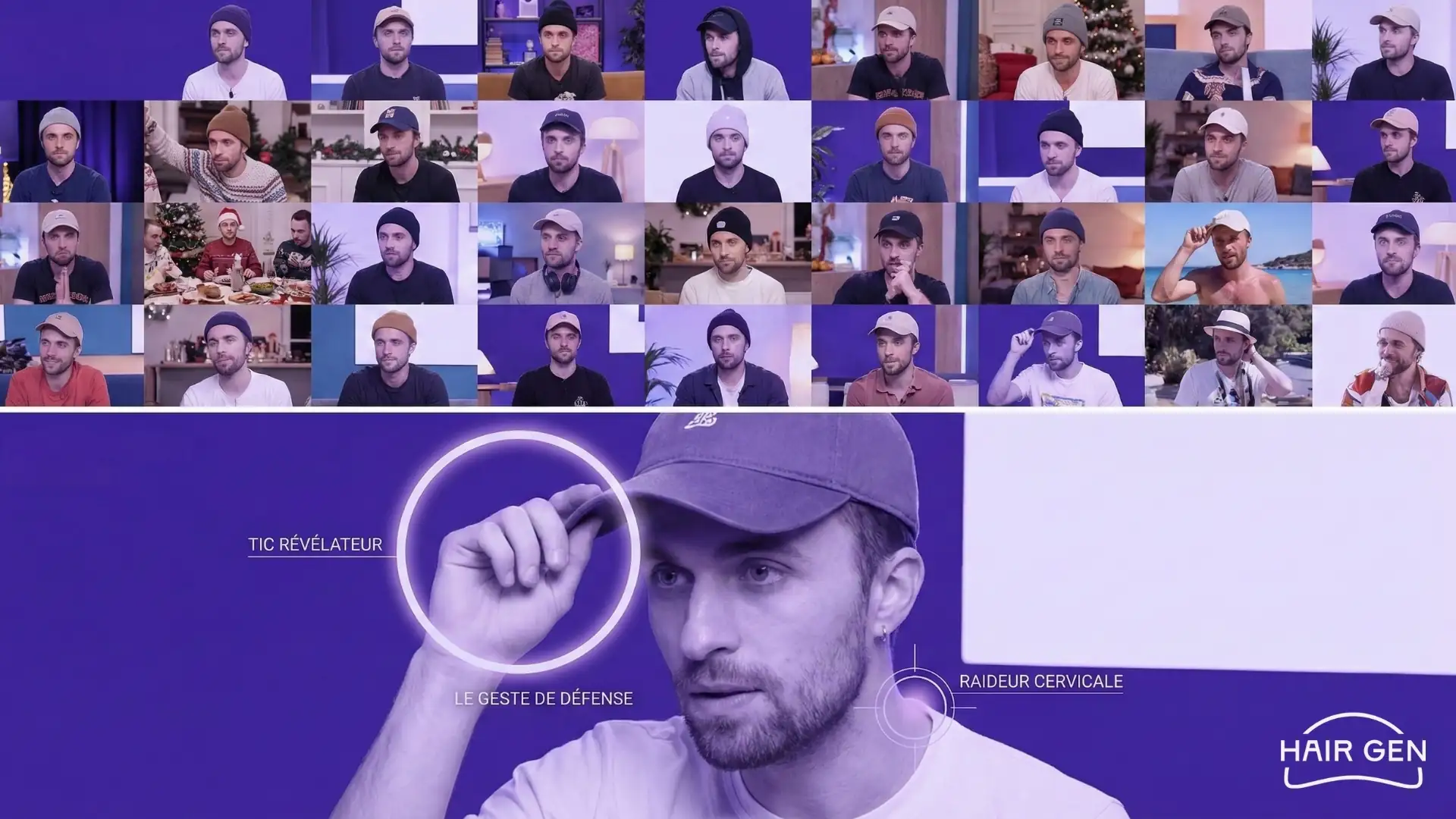 Mosaïque de photos de Squeezie portant divers bonnets et casquettes, avec une analyse de ses gestes nerveux touchant son couvre-chef.