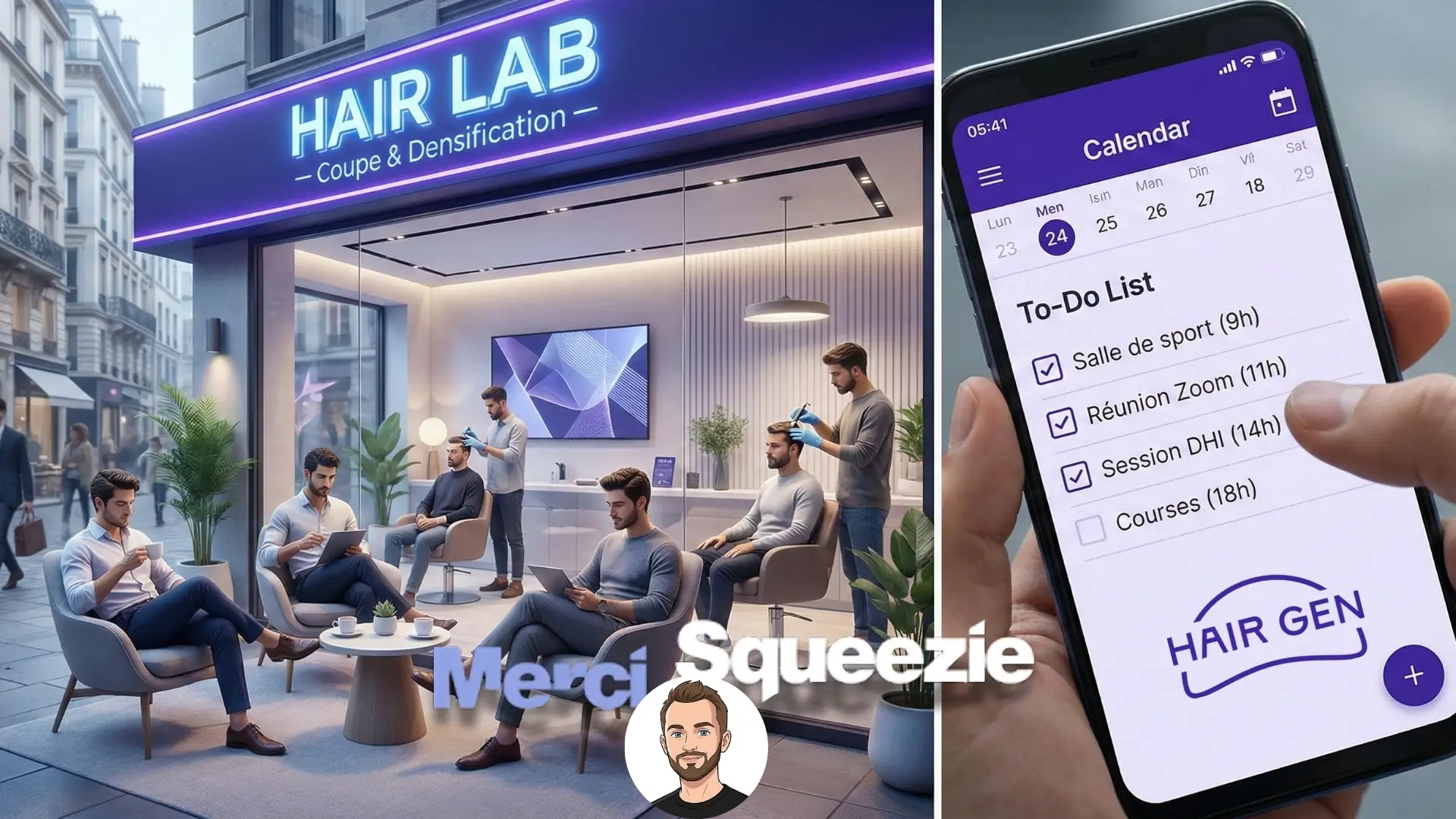 Visuel scindé montrant une clinique capillaire futuriste Hair Lab et un écran de smartphone planifiant une session DHI dans un agenda chargé.
