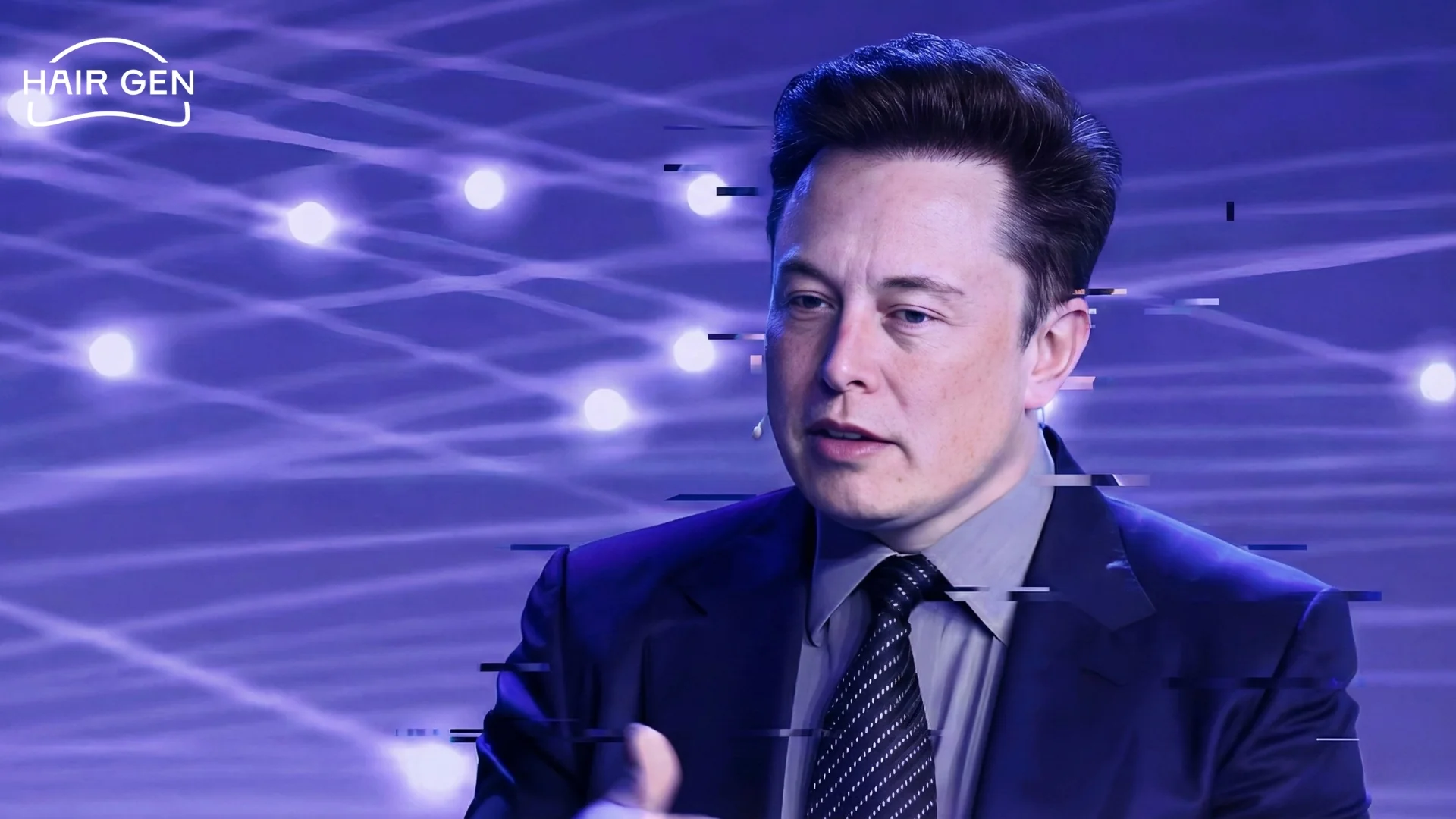 Portrait stylisé d'Elon Musk lors d'une intervention publique, dégageant assurance et charisme avec une chevelure dense sur fond technologique.