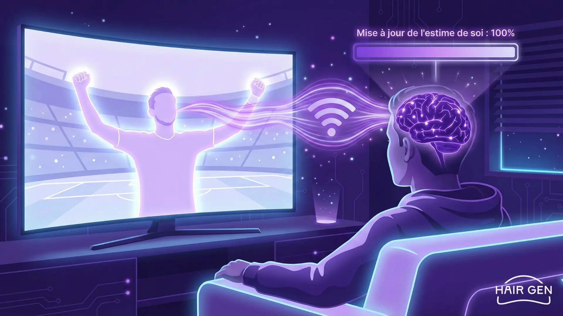 Illustration futuriste montrant un spectateur inspiré par la performance d'un joueur à la télévision, avec une jauge indiquant Mise à jour de l'estime de soi : 100%.