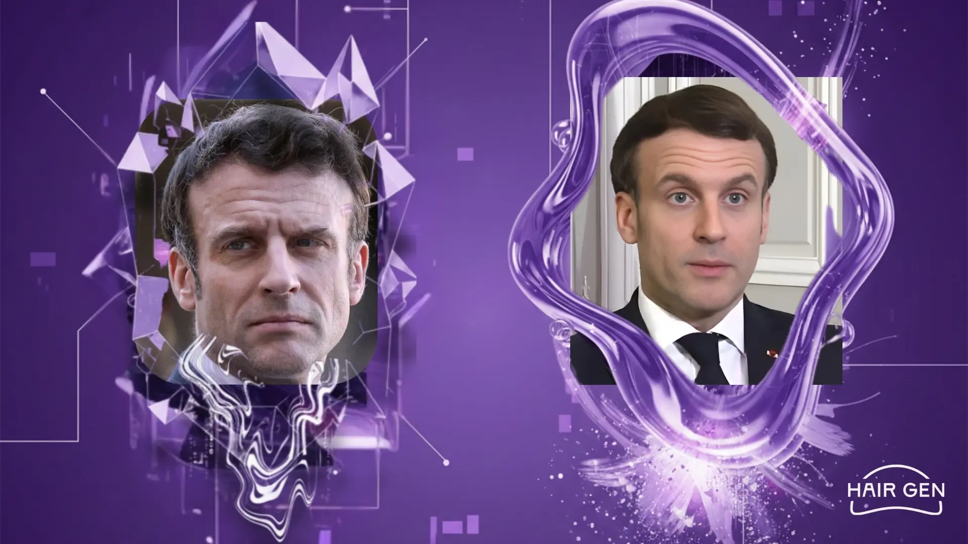 Deux portraits stylisés d'Emmanuel Macron, l'un encadré par des formes géométriques et l'autre par une forme fluide violette où le président camoufle sa calvitie.