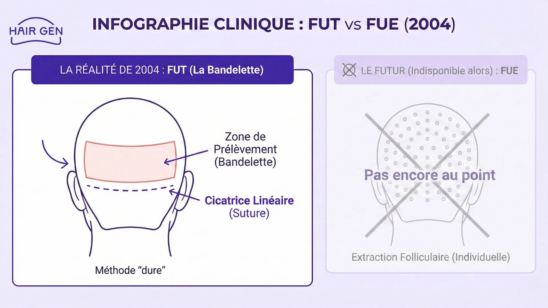 Infographie clinique comparant la greffe de cheveux par bandelette (FUT), courante en 2004, à la méthode FUE (extraction folliculaire) qui n'était pas encore au point.