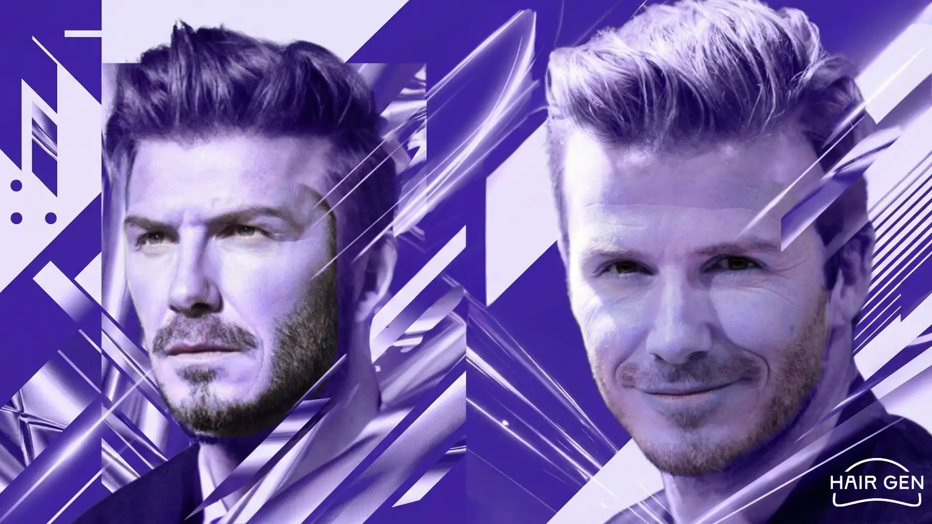 Deux portraits stylisés de David Beckham sur un fond graphique violet abstrait, mettant en avant son charisme et sa coiffure soignée.