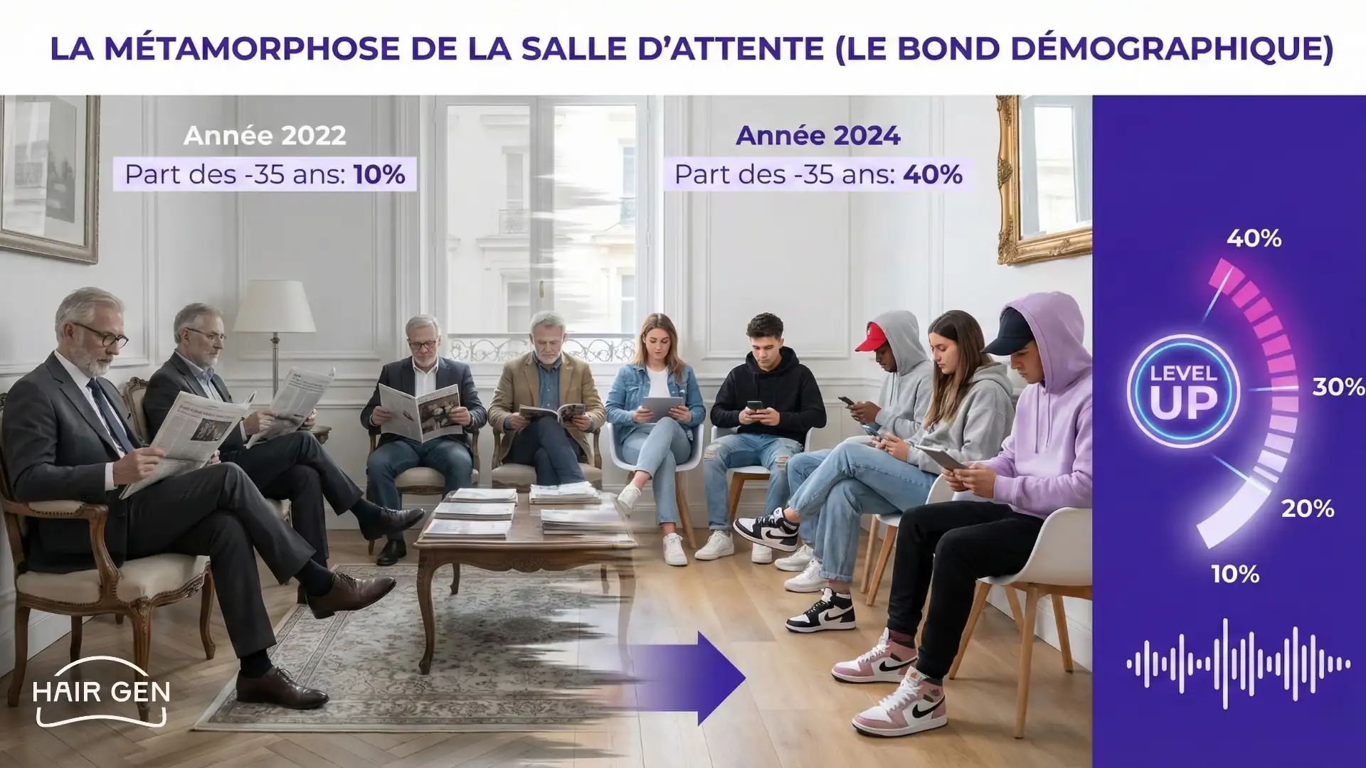 Comparaison visuelle d'une salle d'attente en 2022 avec des hommes âgés versus 2024 avec des jeunes hommes, illustrant que la part des patients de moins de 35 ans est passée de 10% à 40%.