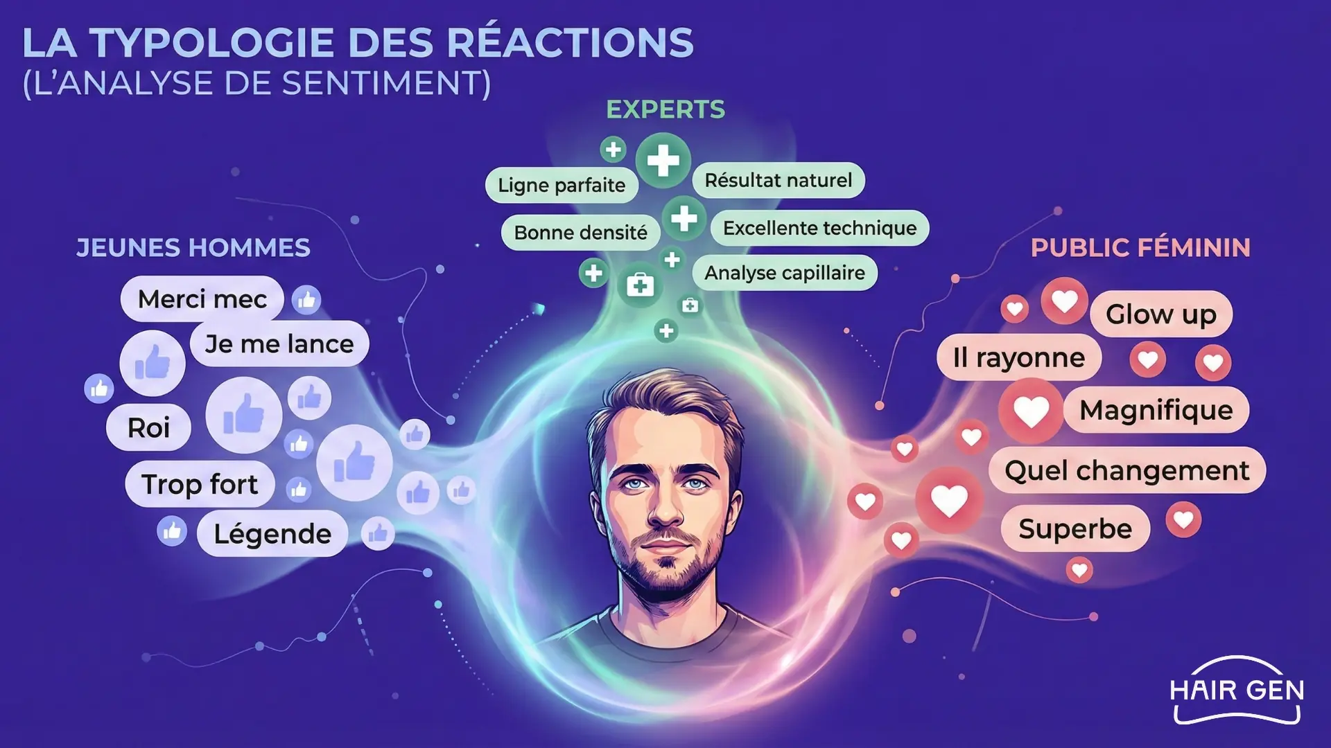 Schéma montrant l'accueil enthousiaste du nouveau look de Squeezie par trois groupes distincts : les jeunes hommes, les experts et le public féminin.