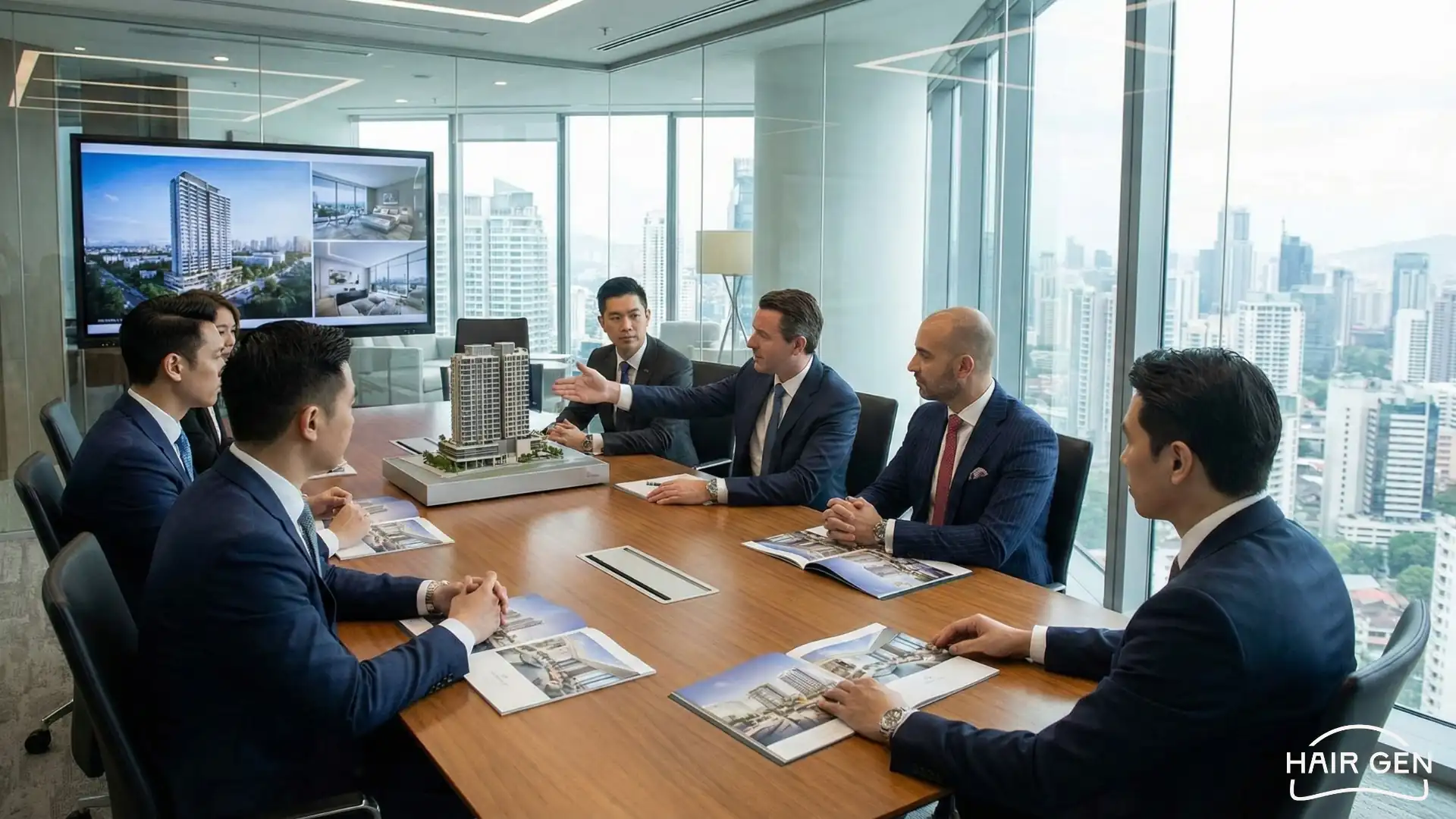 Groupe d'hommes d'affaires en réunion autour d'une maquette d'immeuble dans un bureau vitré.