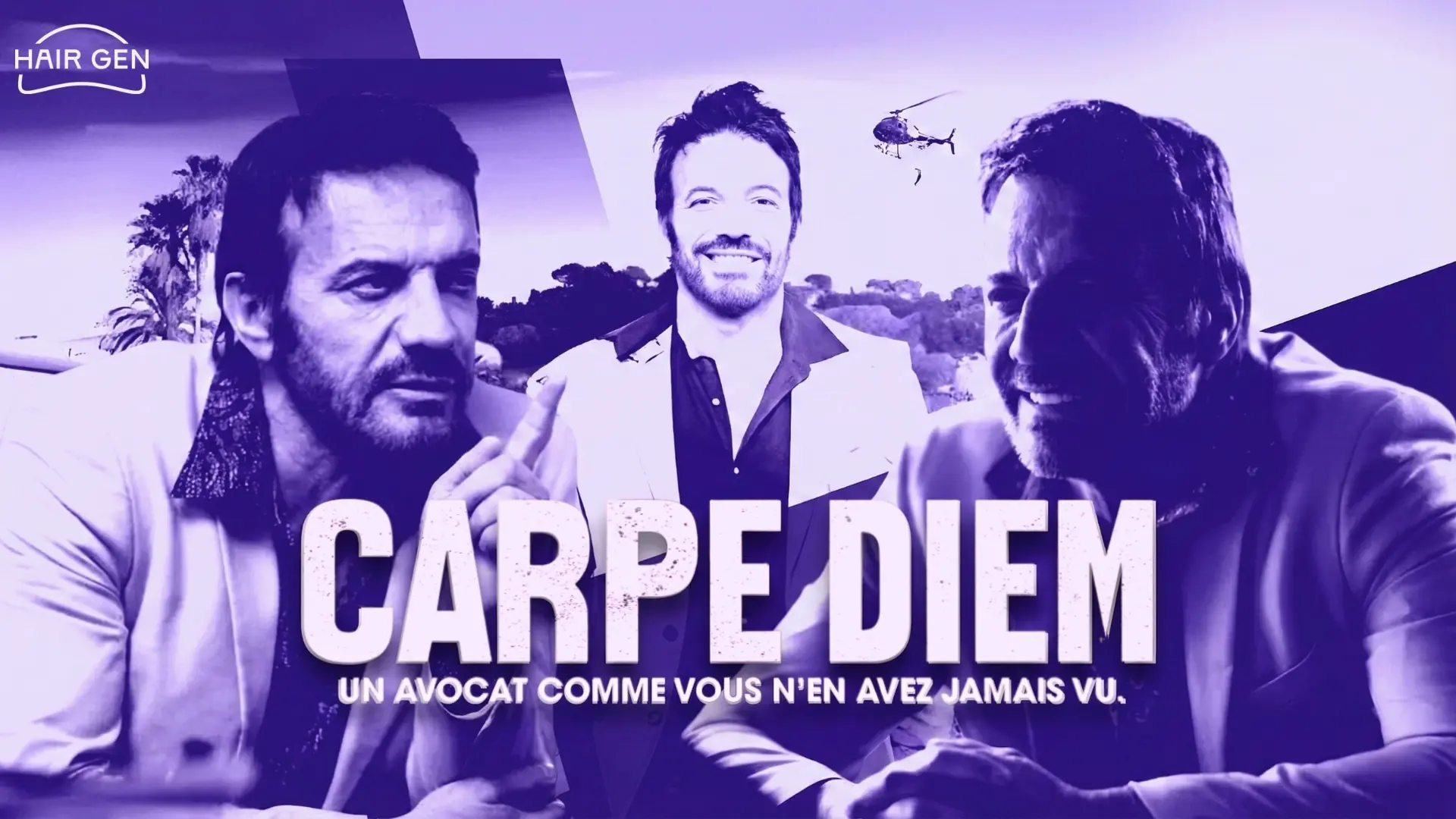 Montage visuel violet promotionnel pour la série Carpe Diem, montrant trois portraits de l'acteur Samuel Le Bihan dans son rôle d'avocat charismatique.