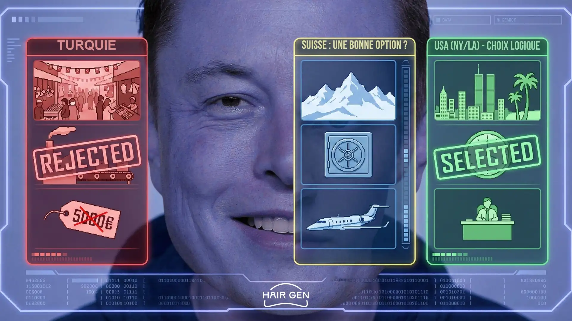 Illustration style interface futuriste montrant le rejet des cliniques low-cost en Turquie au profit d'une clinique haut de gamme aux USA (New York ou Los Angeles).