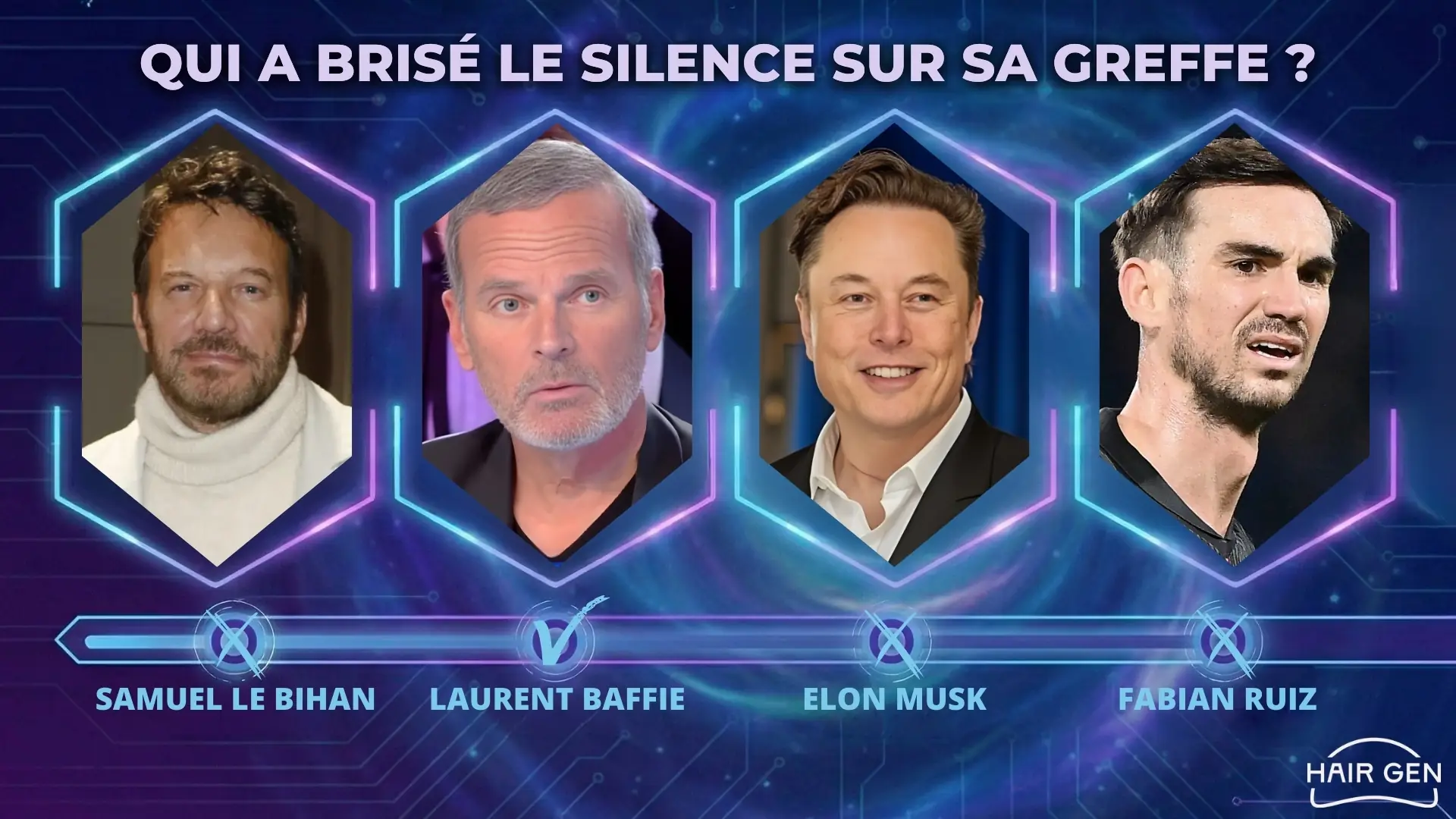Frise  montrant quatre célébrités (Samuel Le Bihan, Laurent Baffie, Elon Musk, Fabian Ruiz) et révélant que seul Laurent Baffie a publiquement validé sa greffe.