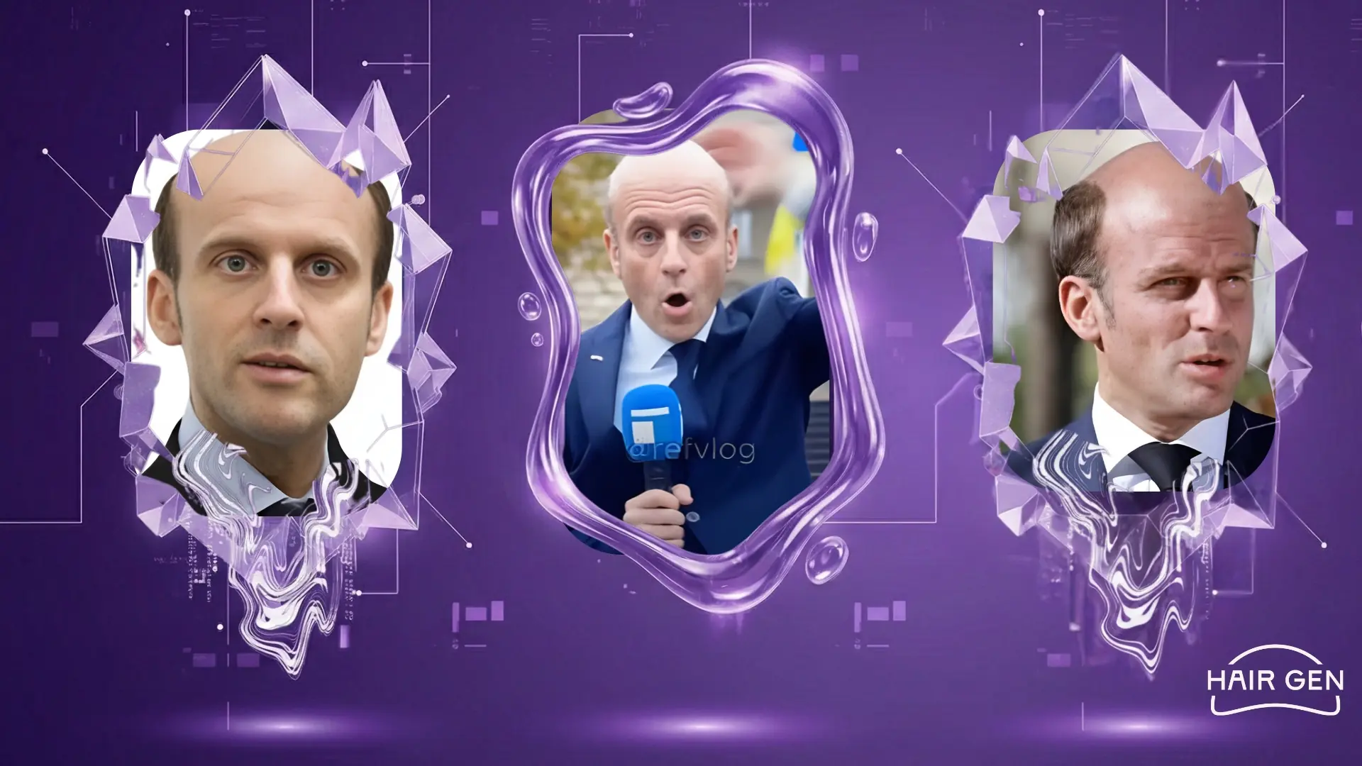 Trois montages photo humoristiques représentant Emmanuel Macron totalement chauve