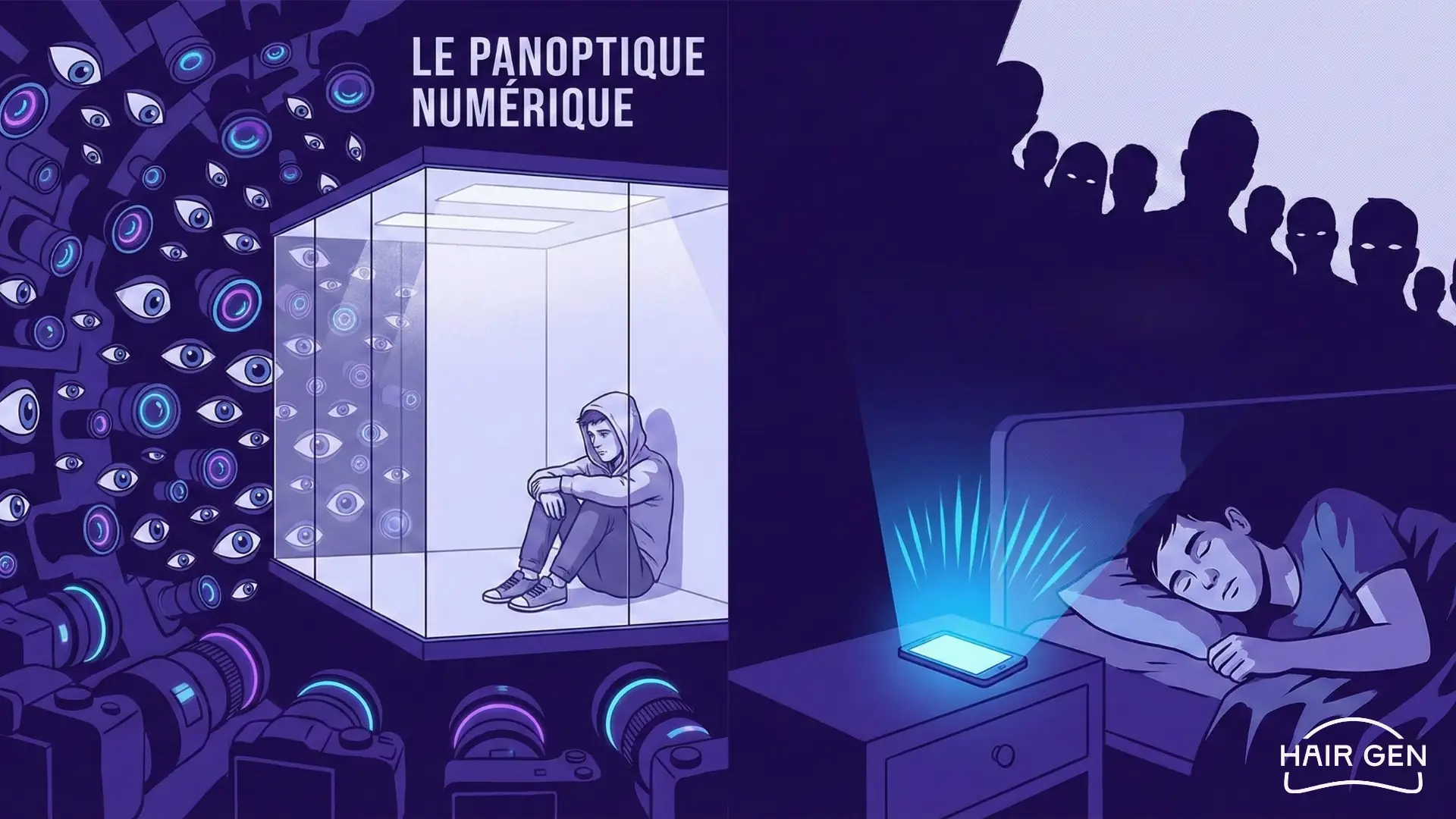 Illustration conceptuelle d'un homme isolé dans une cage de verre entourée d'yeux et de caméras, symbolisant la surveillance permanente.