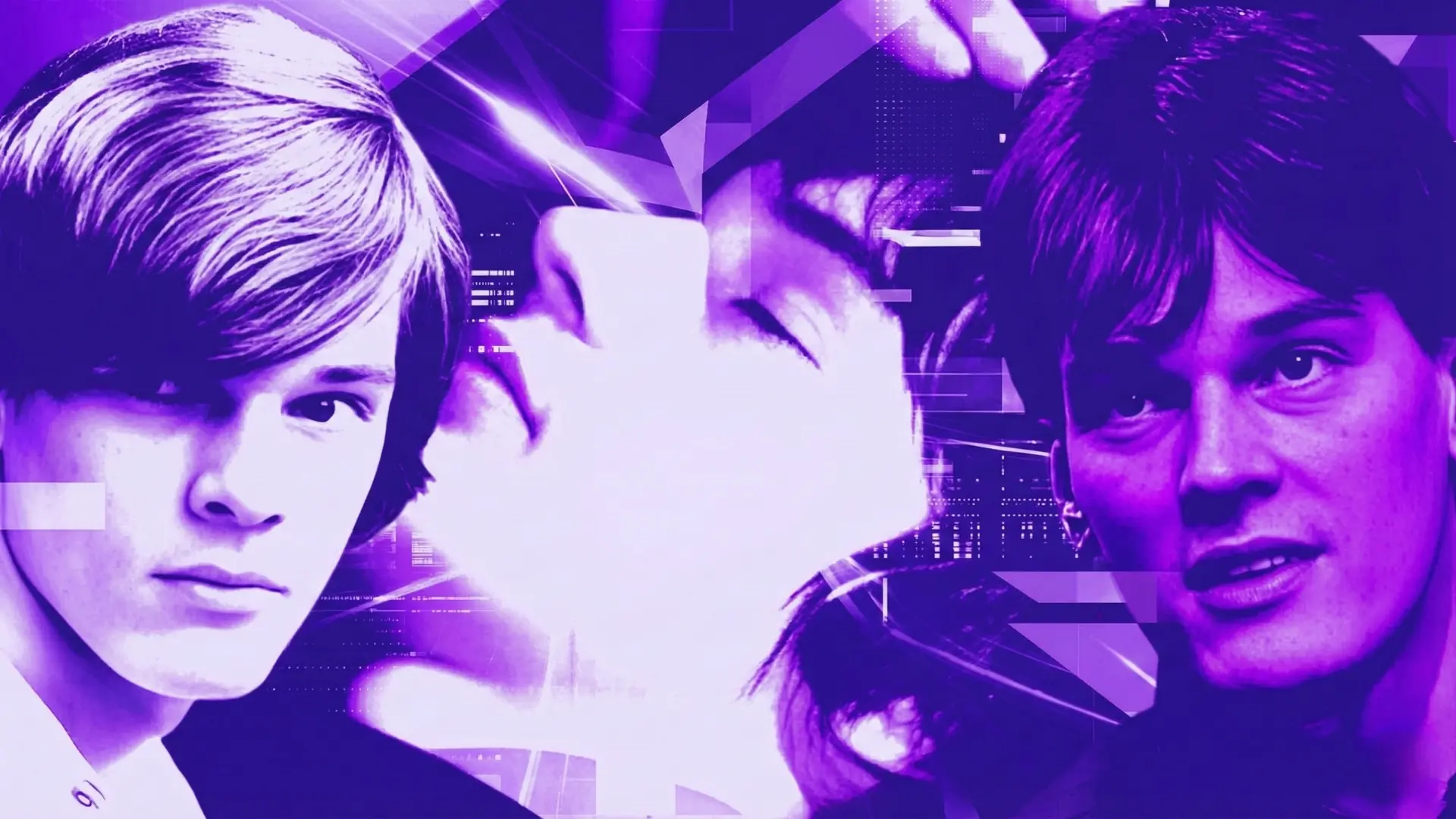 Collage artistique violet montrant des portraits de Laurent Baffie jeune, évoquant la chevelure avant la calvitie.