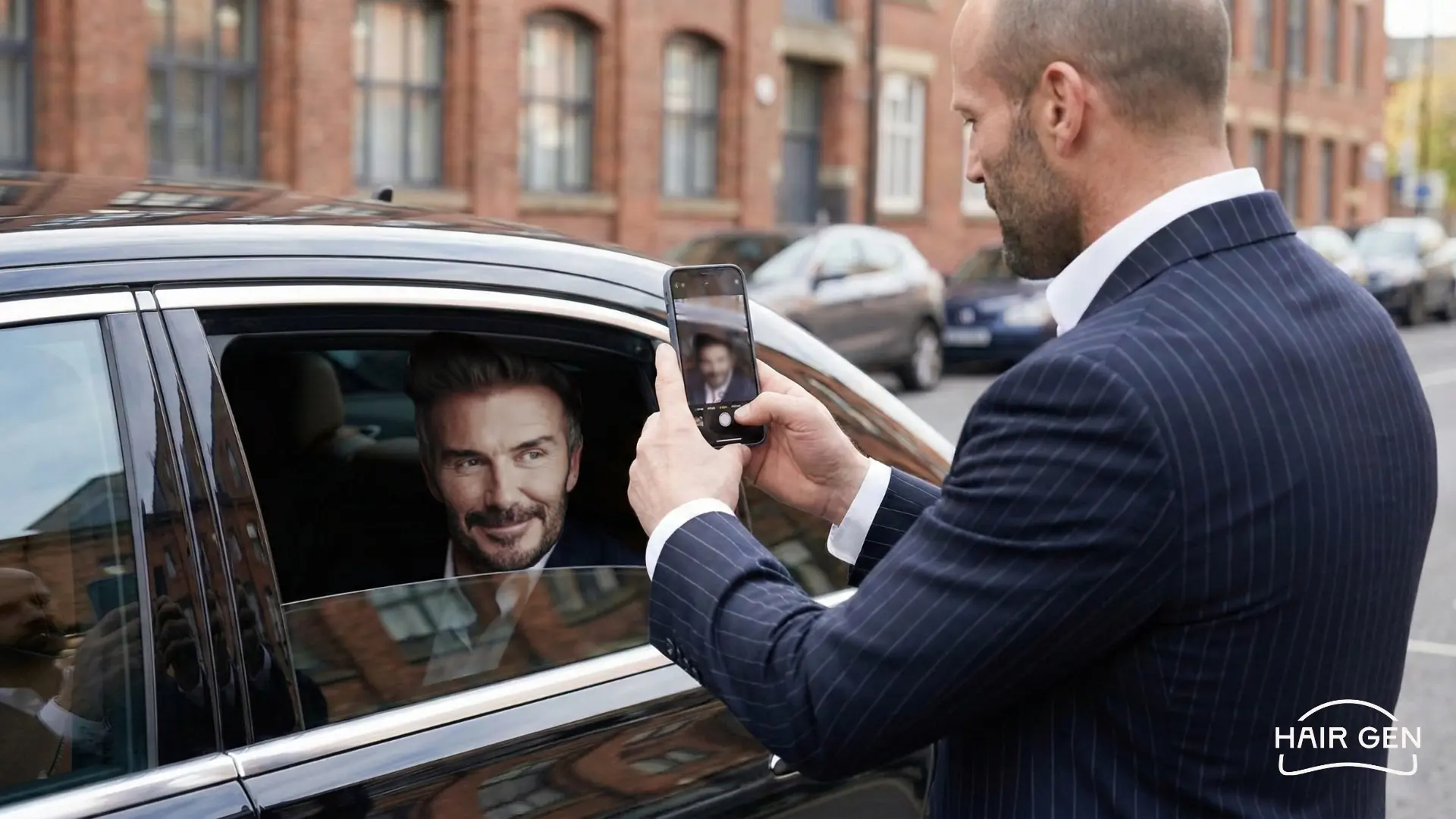 L'acteur Jason Statham prenant une photo avec son smartphone de David Beckham, qui est assis souriant à l'arrière d'une voiture noire.