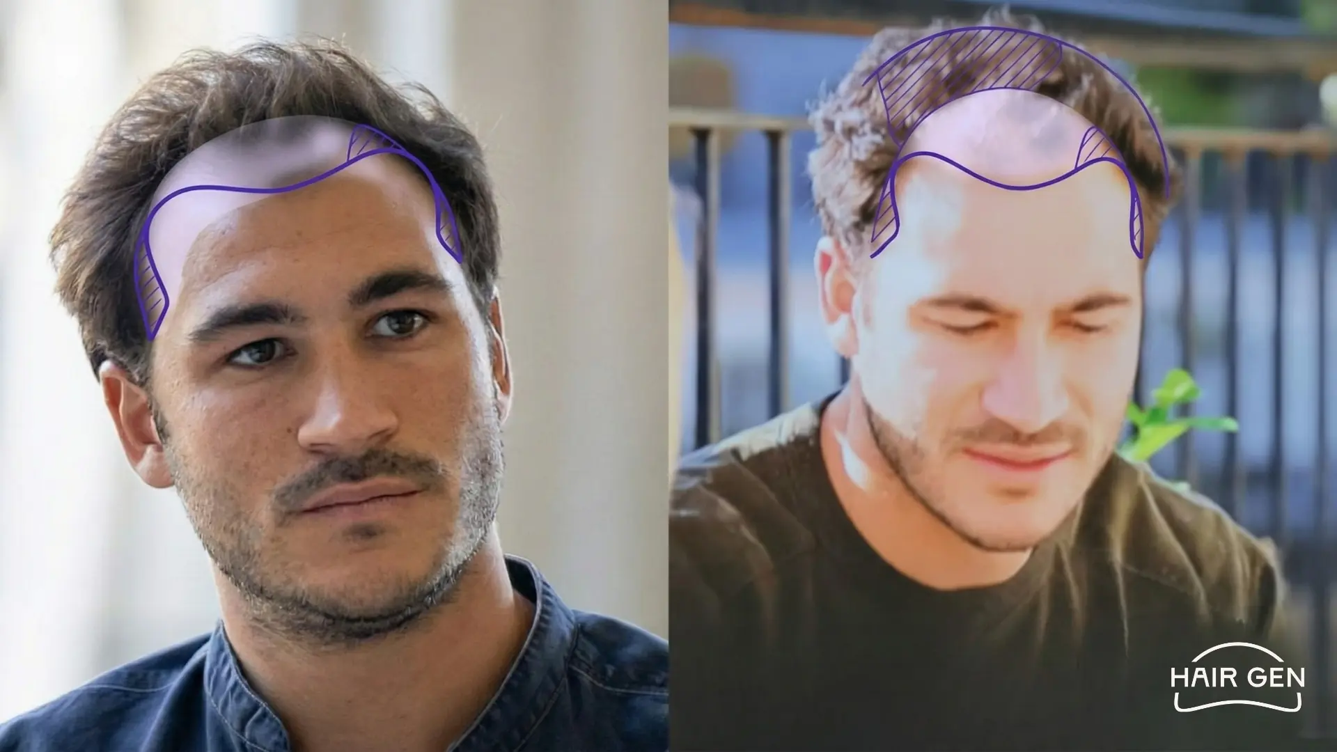 Visage de Valentin Kretz avec des marquages violets sur le front délimitant la future ligne capillaire.