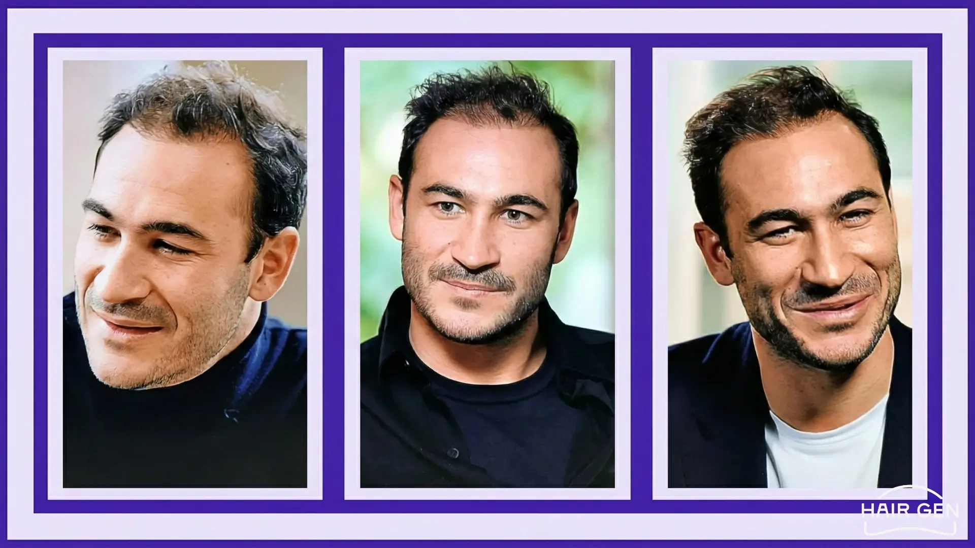 Triptyque montrant la transformation des cheveux de Valentin Kretz après sa greffe de cheveux. 