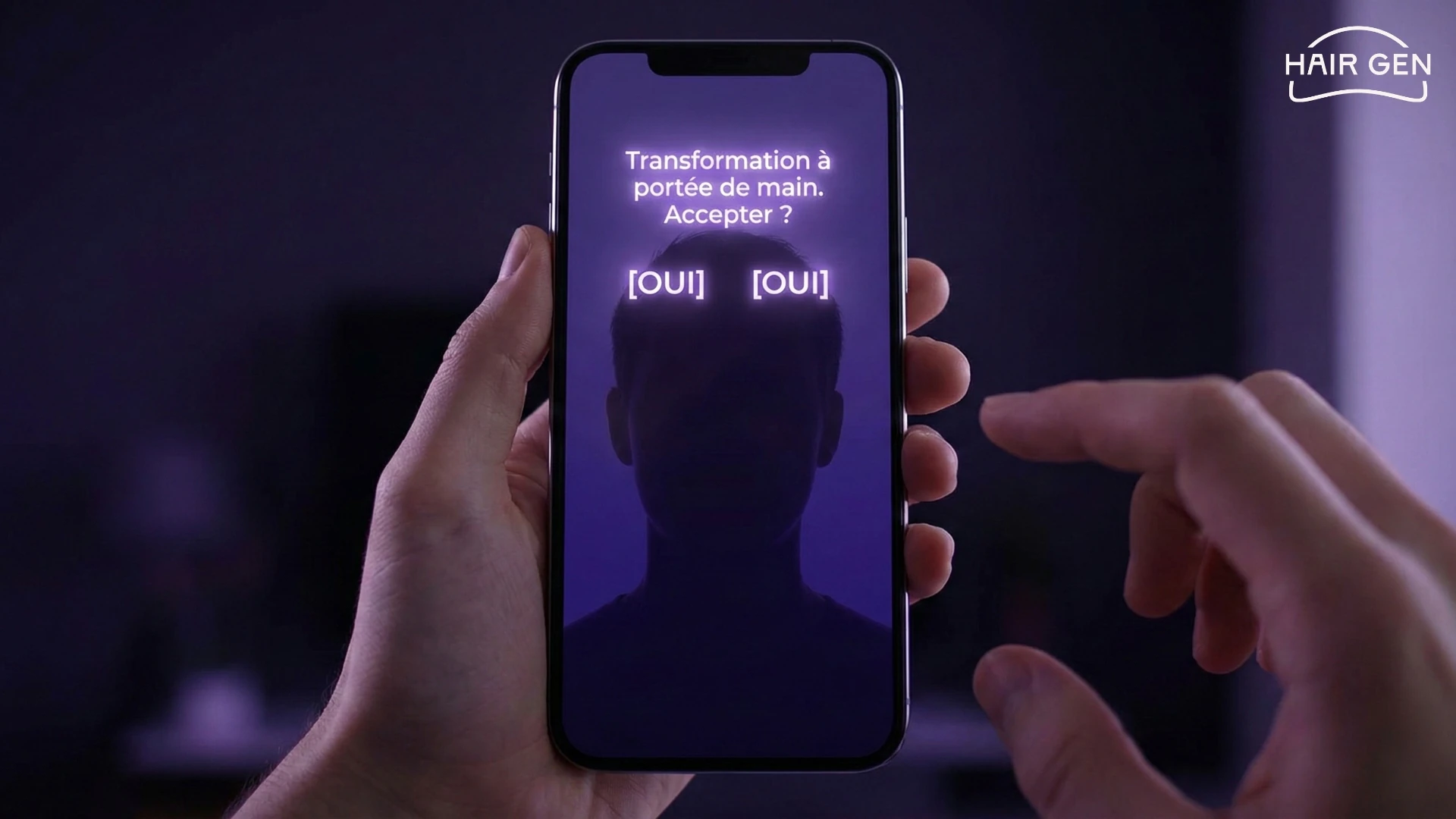 Vue subjective de mains tenant un smartphone affichant une notification Transformation à portée de main, où les deux boutons de choix indiquent tous les deux OUI..