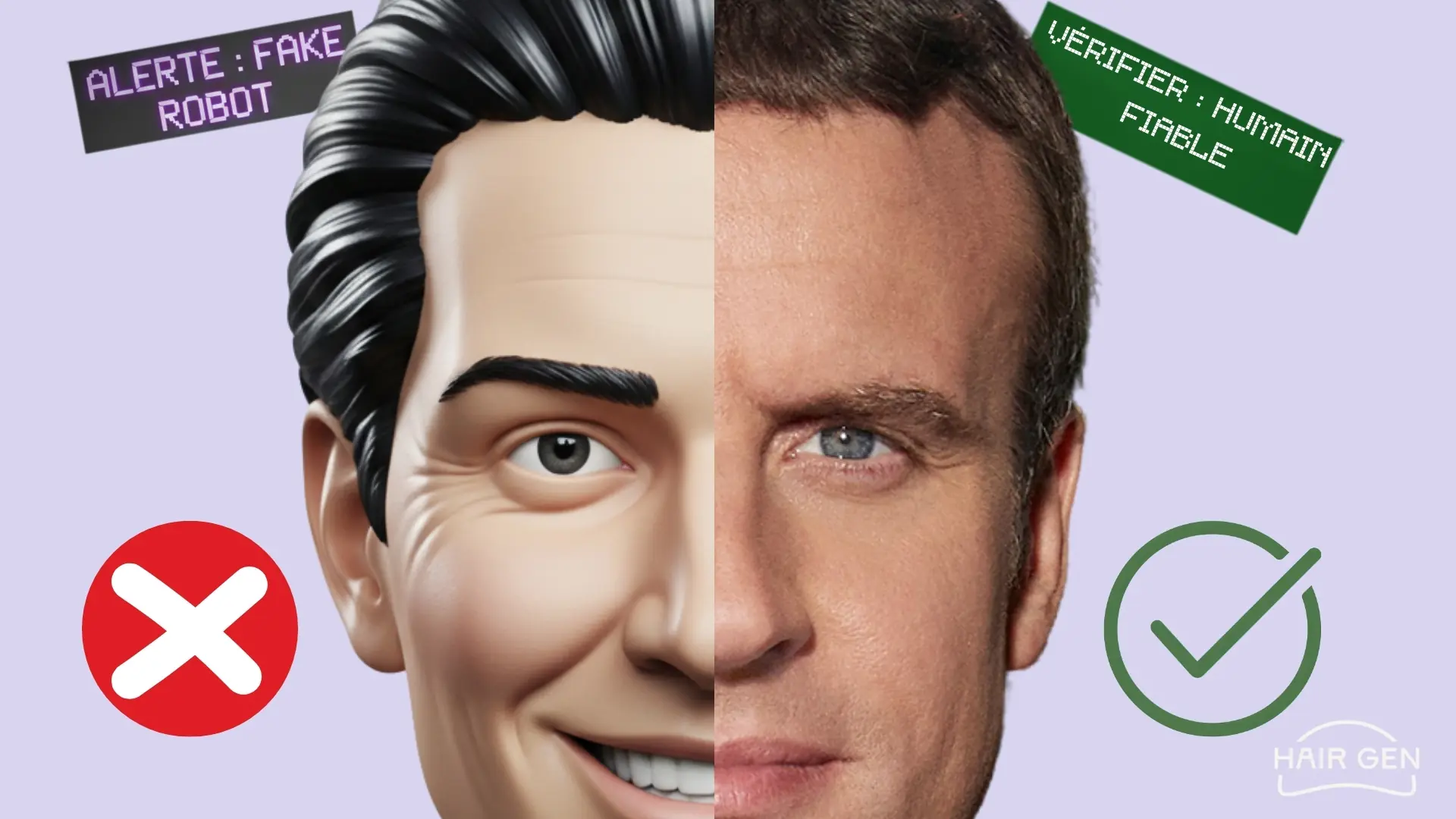 Comparaison en écran scindé entre un visage généré par IA qualifié de Fake Robot et une photo réelle d'Emmanuel Macron qualifiée d'Humain Fiable.