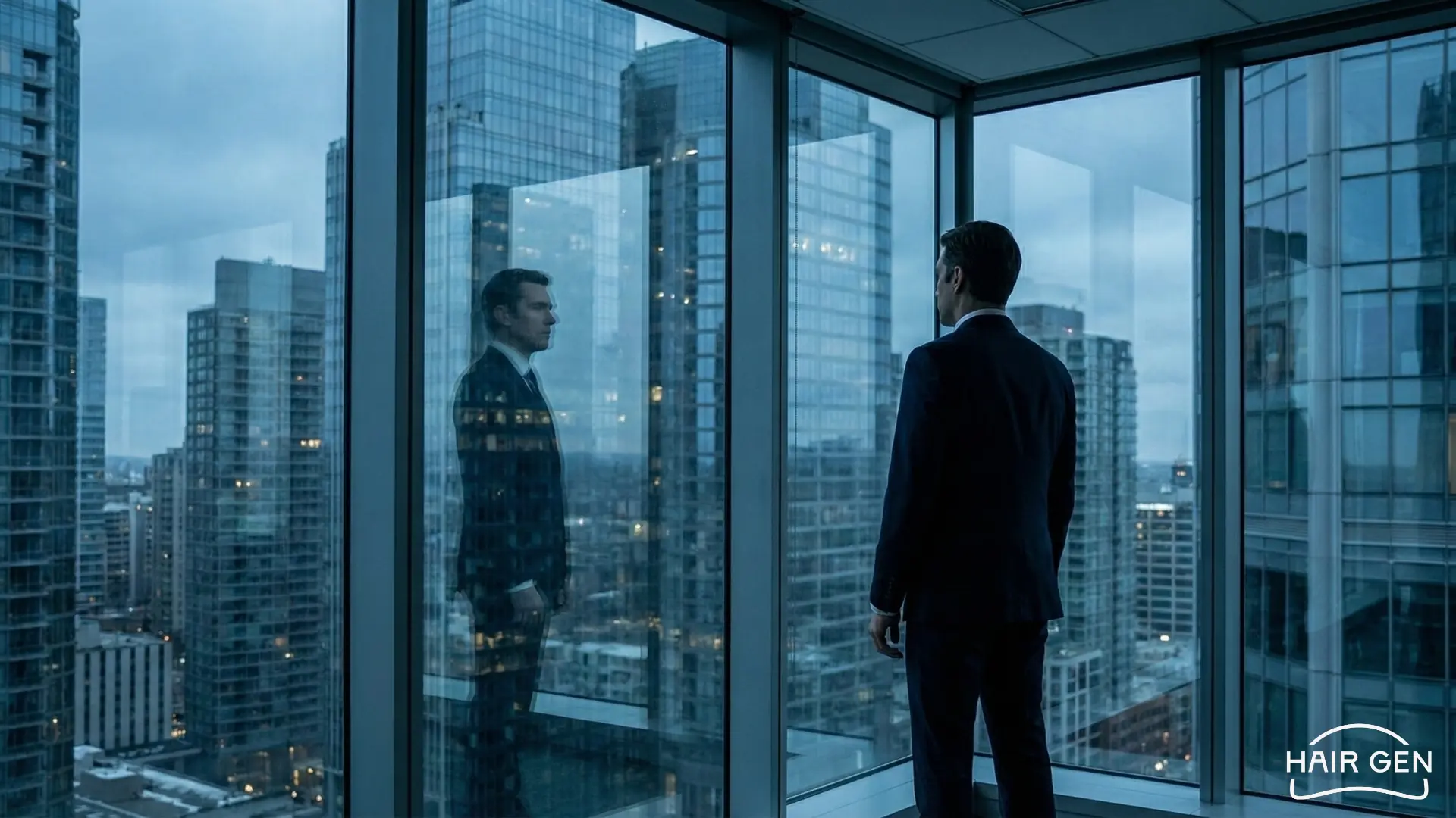Un homme en costume regardant une ligne d'horizon urbaine à travers une immense baie vitrée.