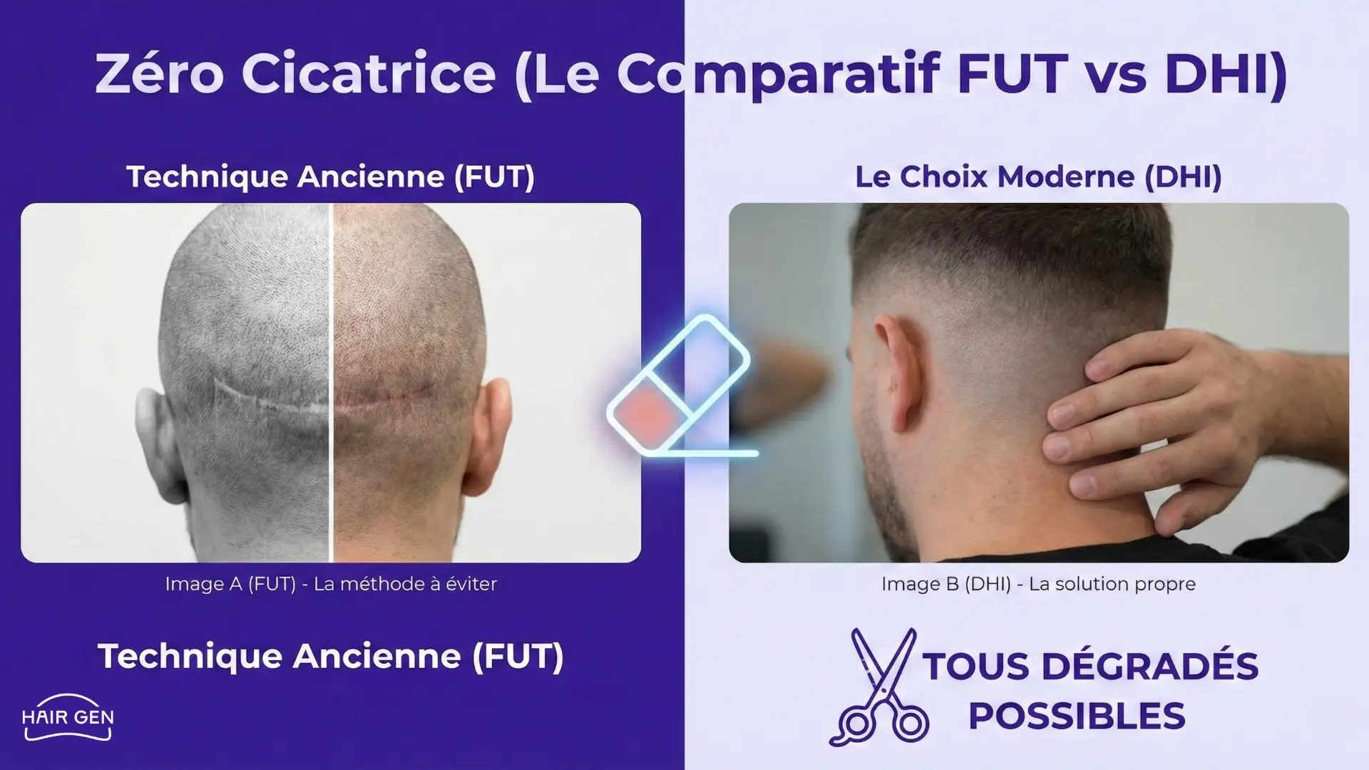Comparaison visuelle entre l'ancienne méthode à cicatrice (FUT) et la méthode moderne (DHI) qui permet des dégradés propres.