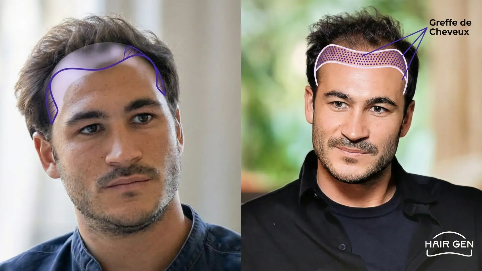 Schéma sur photo montrant la zone précise du front destinée à recevoir les implants capillaires.