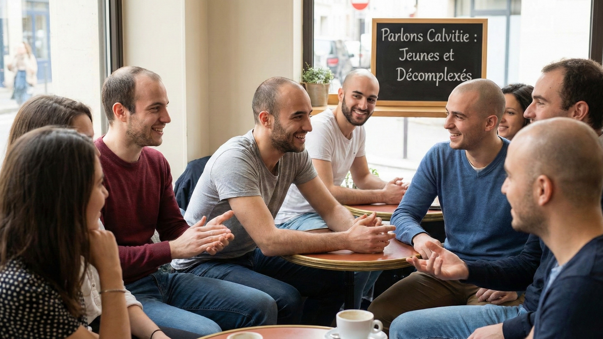 Jeunes adultes discutant autour de la table pour briser les tabous sur la calvitie.