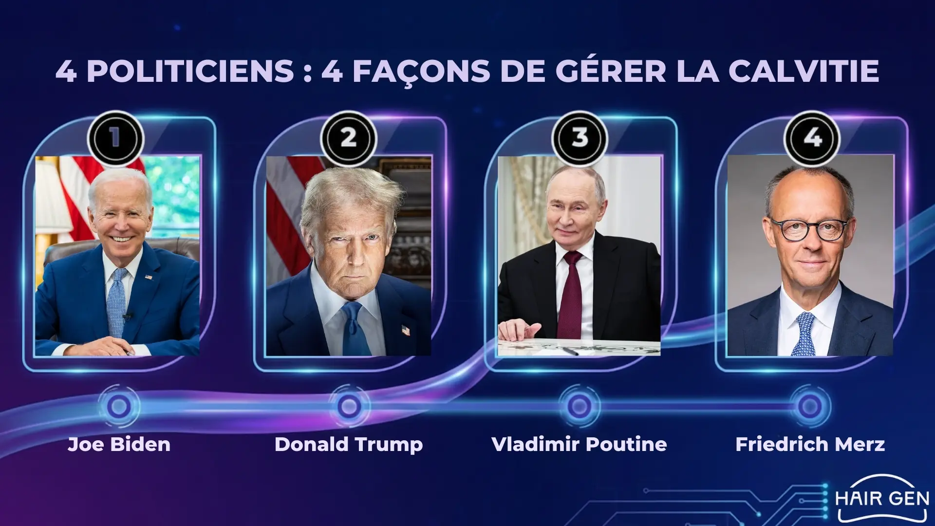 Portraits alignés de Joe Biden, Donald Trump, Vladimir Poutine et Friedrich Merz sous le titre 4 façons de gérer la calvitie.