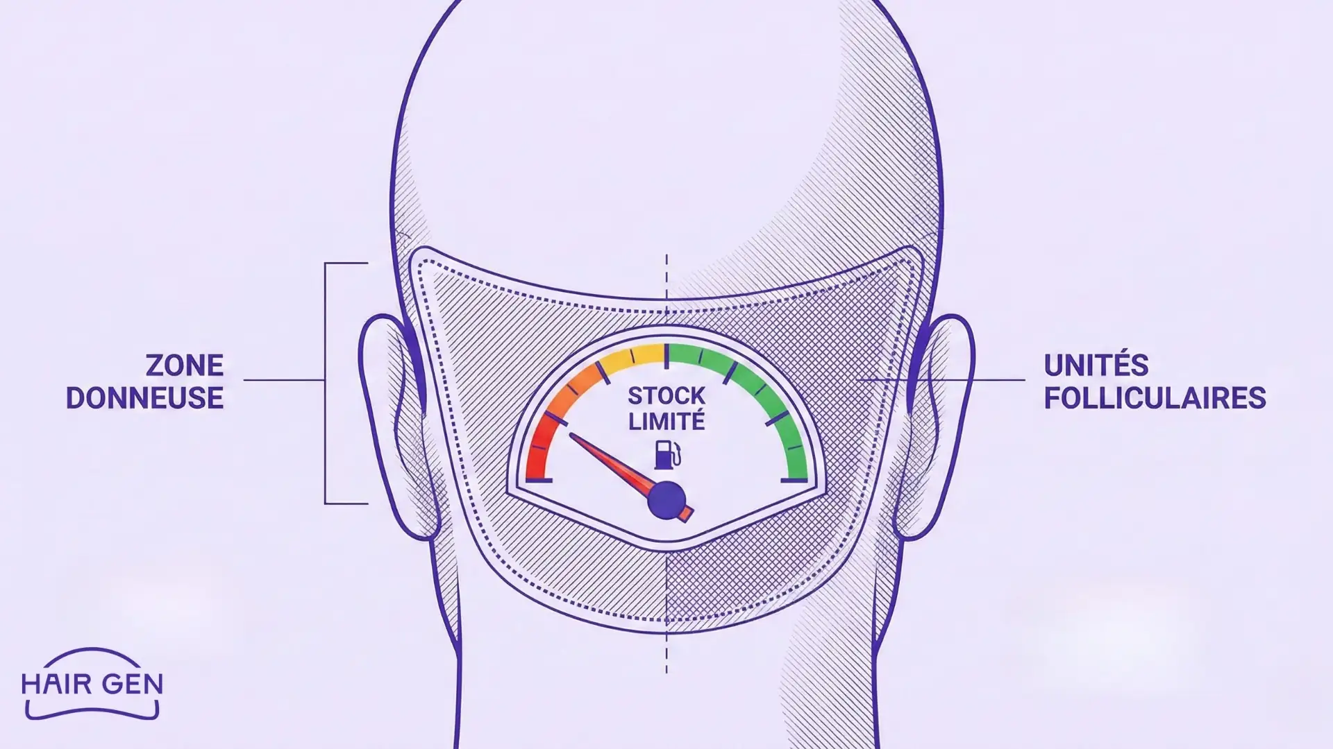 Schéma de la zone donneuse de cheveux comparée à un réservoir de carburant avec une jauge rouge indiquant un stock limité d'unités folliculaires.'.