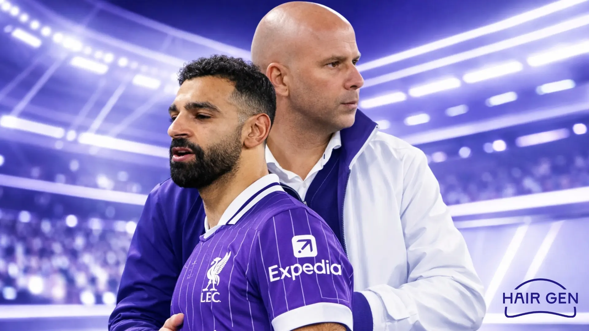 Mème comparatif hilarant entre Salah rasé et son entraîneur Arne Slot.