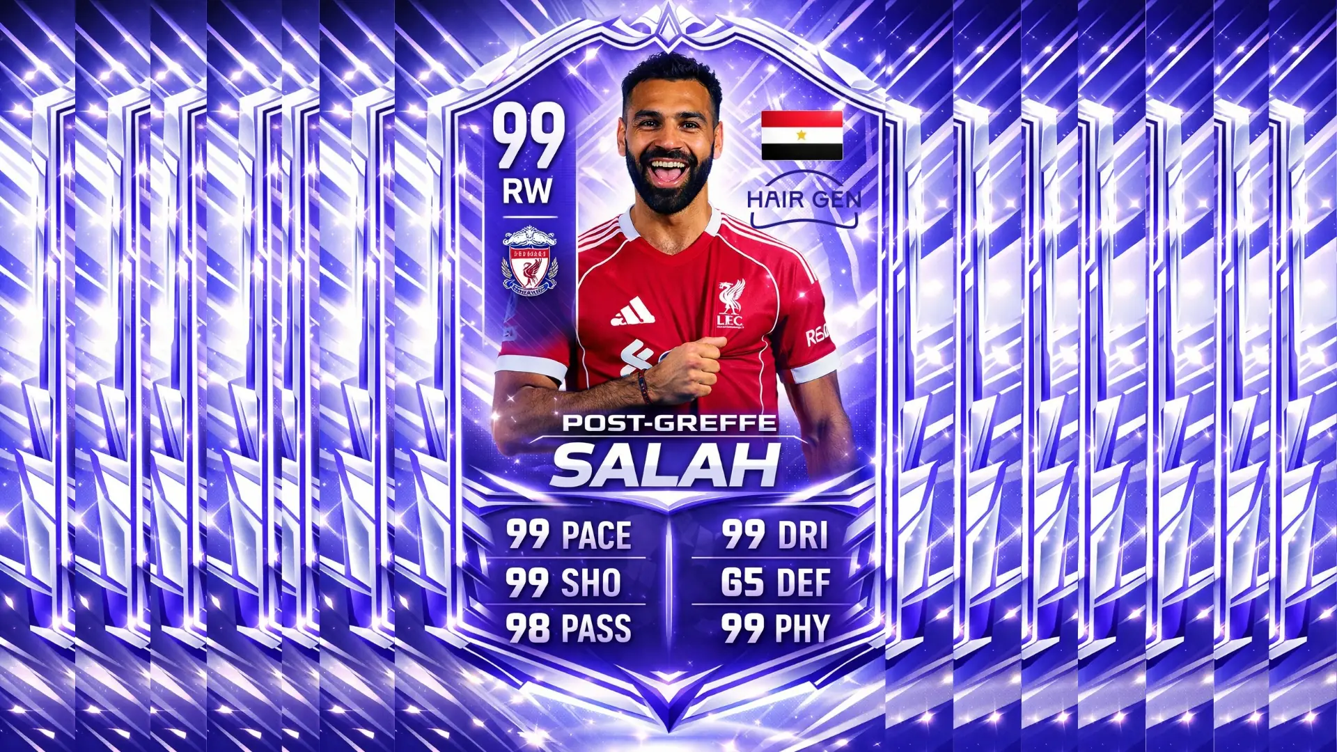 Carte style FIFA Ultimate Team avec stats boostées pour Post-Hair Transplant Salah.