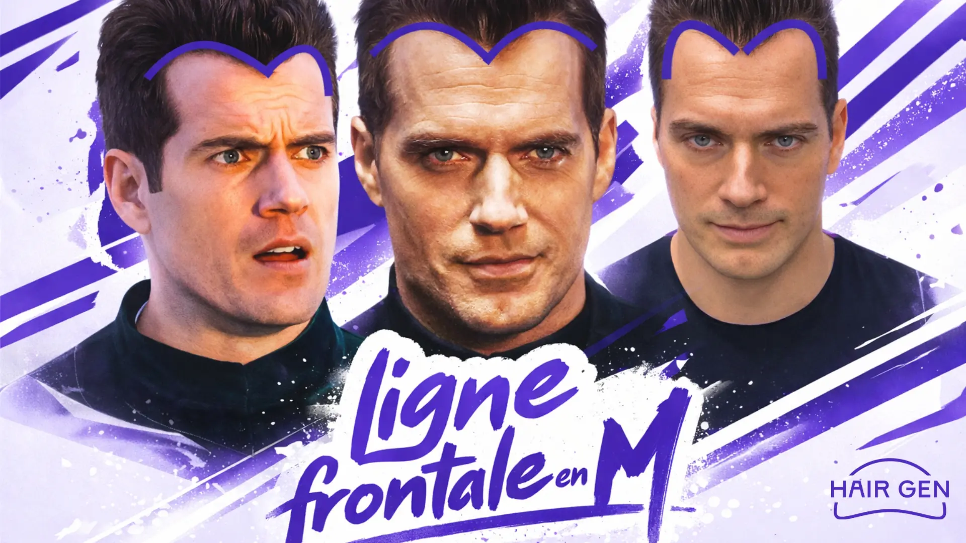 Henry Cavill lors de la promotion d'Argylle en 2024, arborant une coupe courte en brosse avec une ligne frontale en 'M' très dense et propre.