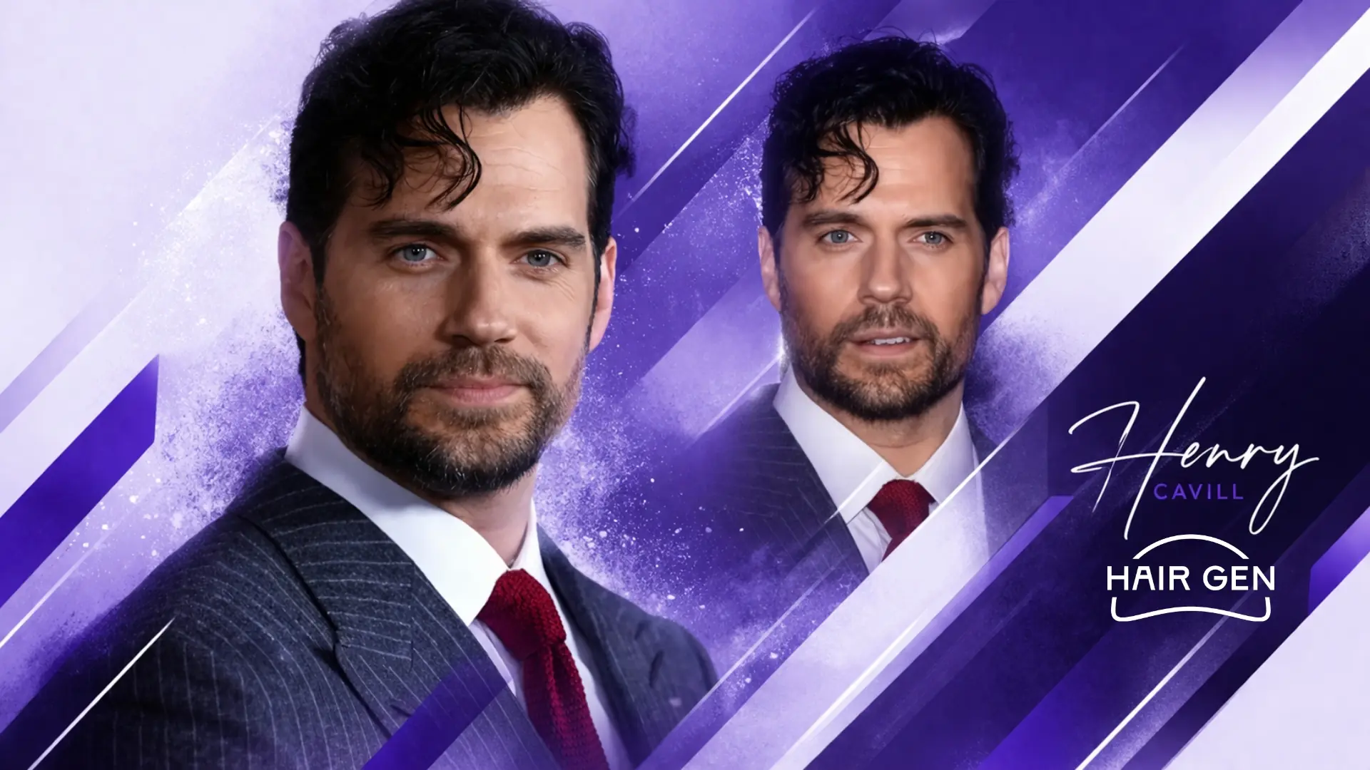 Portrait iconique de Henry Cavill en costume-cravate, affichant une chevelure mature, dense, brillante et parfaitement structurée.