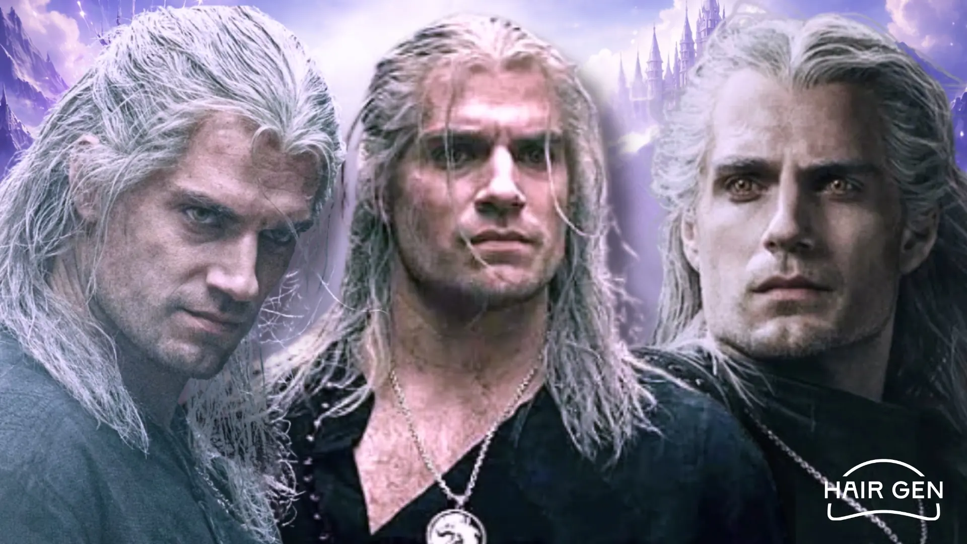 Gros plan extrême sur la ligne frontale de Geralt de Riv, montrant la perfection du tulle invisible (lace front wig) fondu sur le front de Henry Cavill.