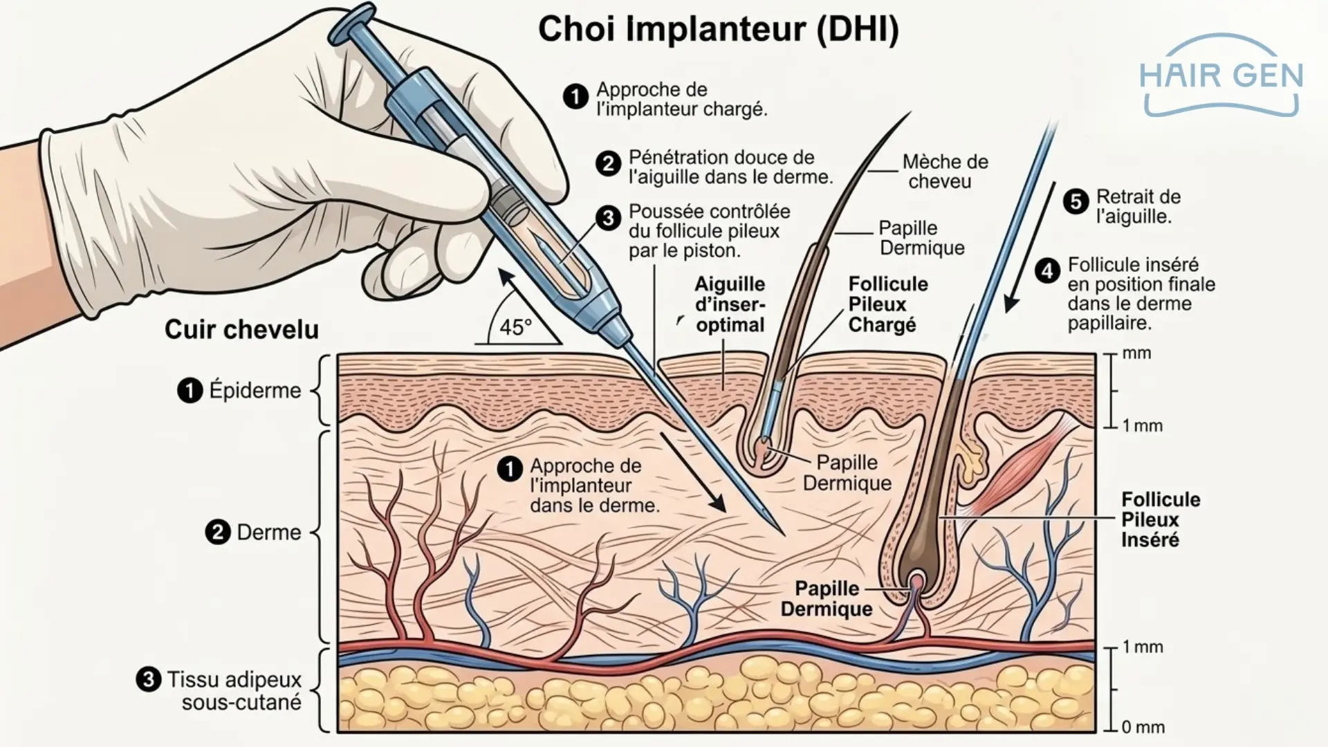 Schéma d'un implanteur de Choi (DHI) insérant doucement un follicule pileux dans le derme du cuir chevelu.