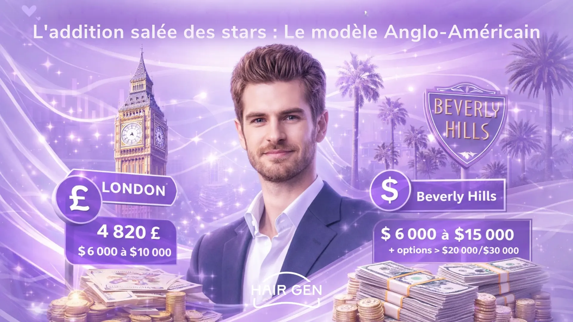 Comparatif des tarifs de greffe capillaire pour les stars entre Londres et Beverly Hills.