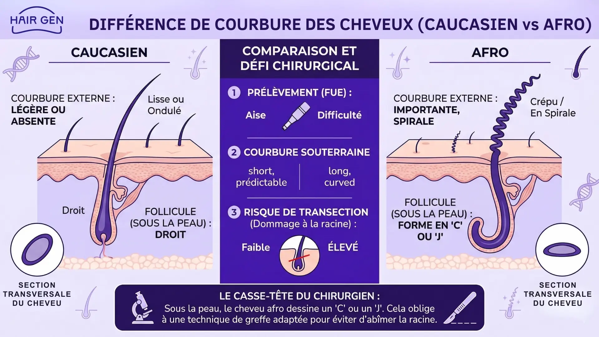 Différence de courbure entre cheveu caucasien et afro.