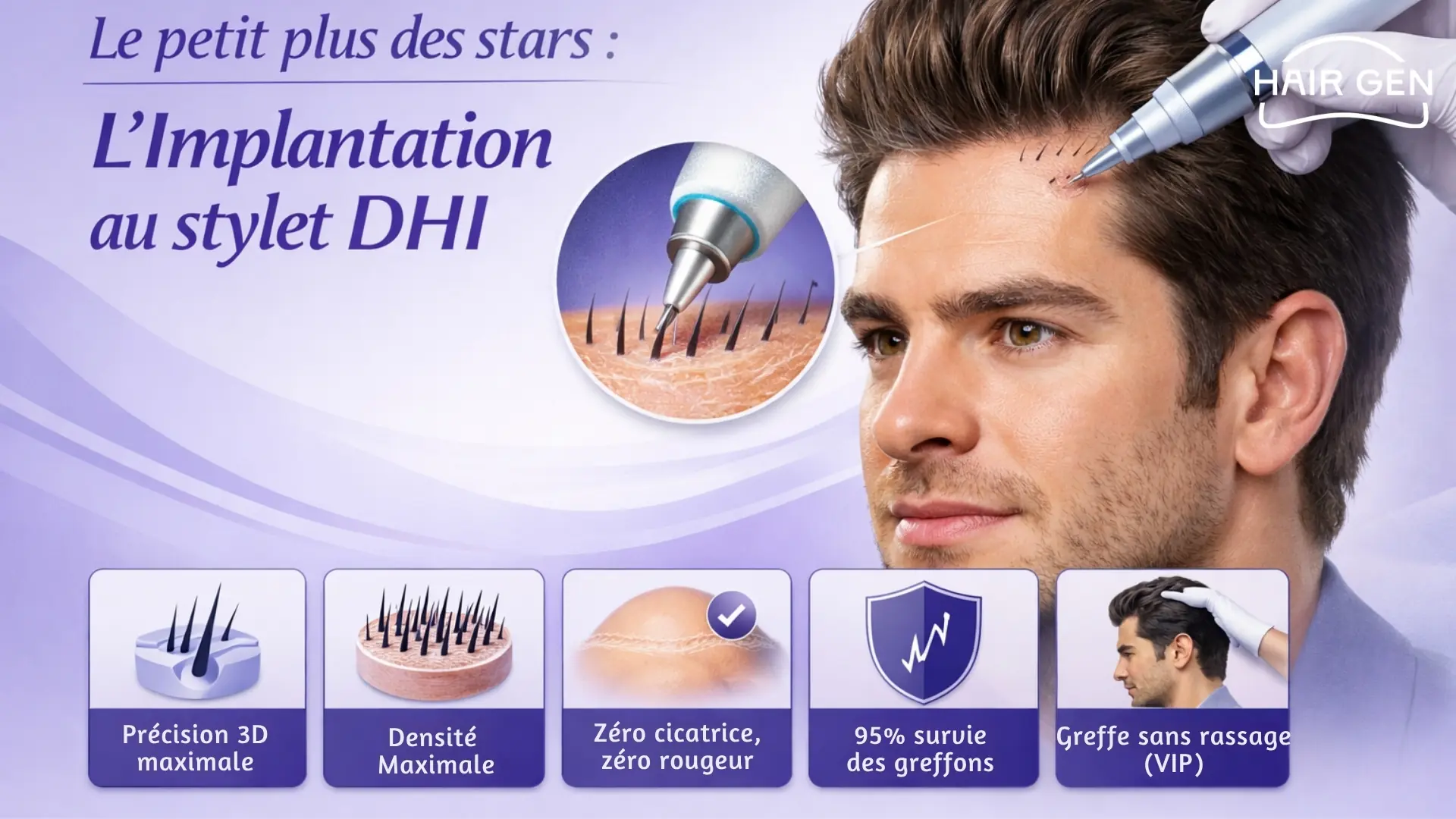 Avantages de la greffe de cheveux DHI : densité maximale, sans cicatrice et sans rasage.