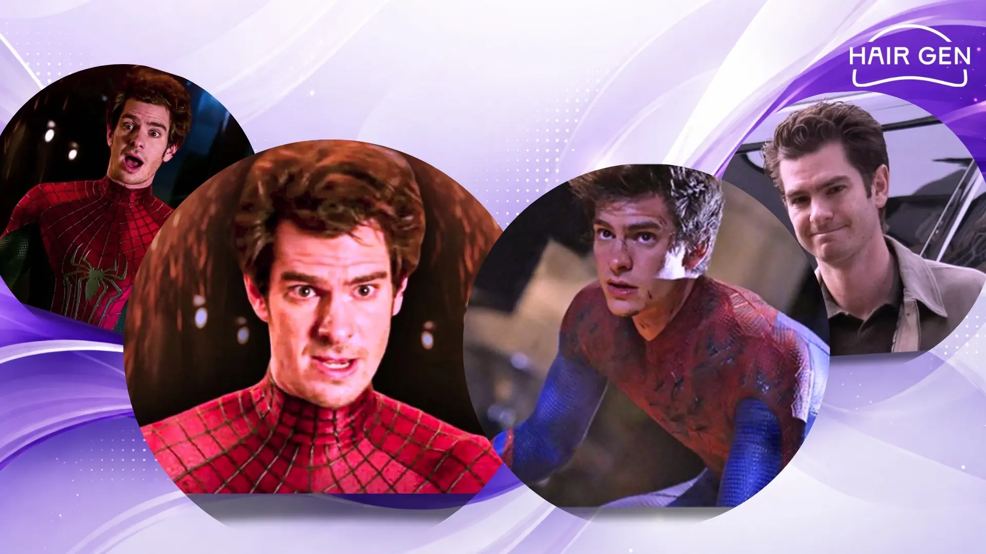 Andrew Garfield dans Spider-Man: No Way Home, arborant une chevelure d'une densité incroyable et des tempes parfaitement comblées.