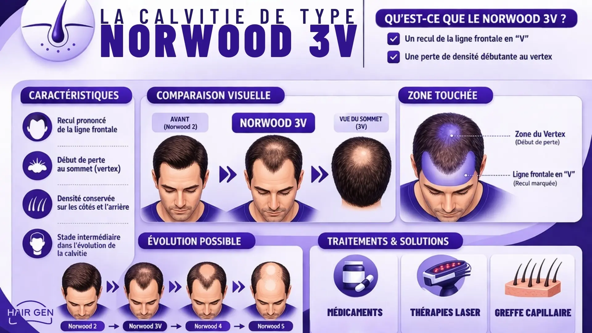 Schéma explicatif de la calvitie de type Norwood 3V : caractéristiques, évolution de la perte de cheveux et solutions de traitement.