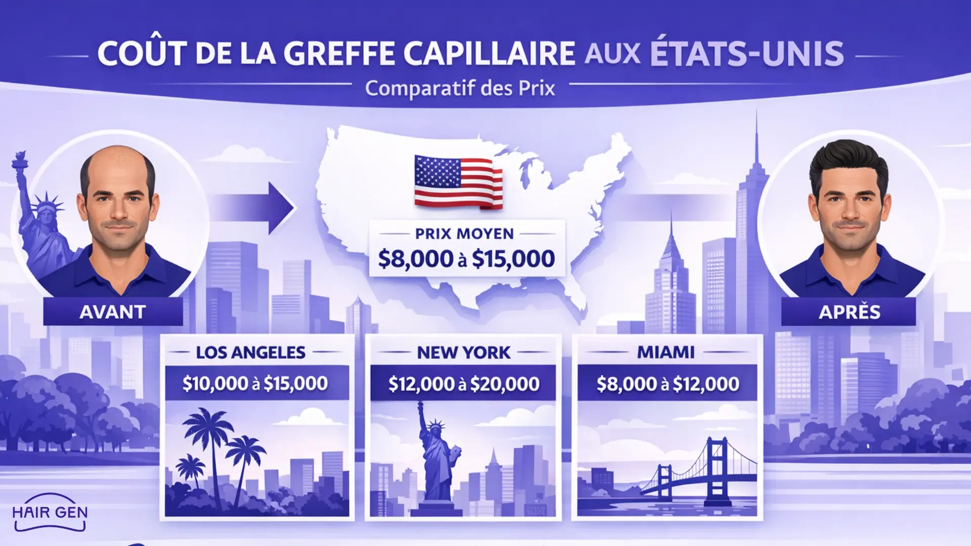 Comparatif des prix d'une greffe capillaire aux États-Unis : tarifs moyens à New York, Los Angeles et Miami pour des implants capillaires.