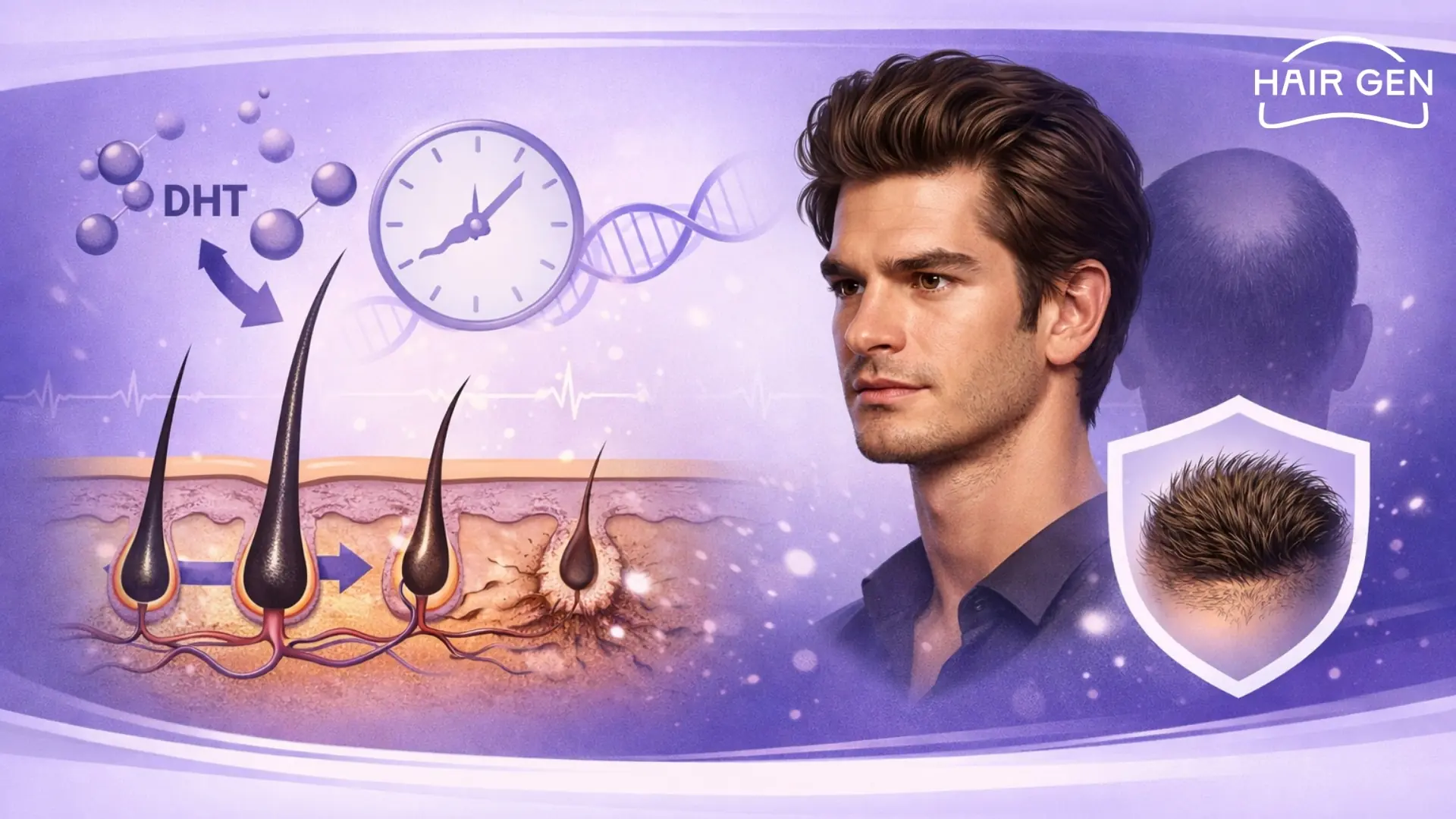 Infographie sur la greffe capillaire d'Andrew Garfield et les mécanismes de la perte de cheveux.