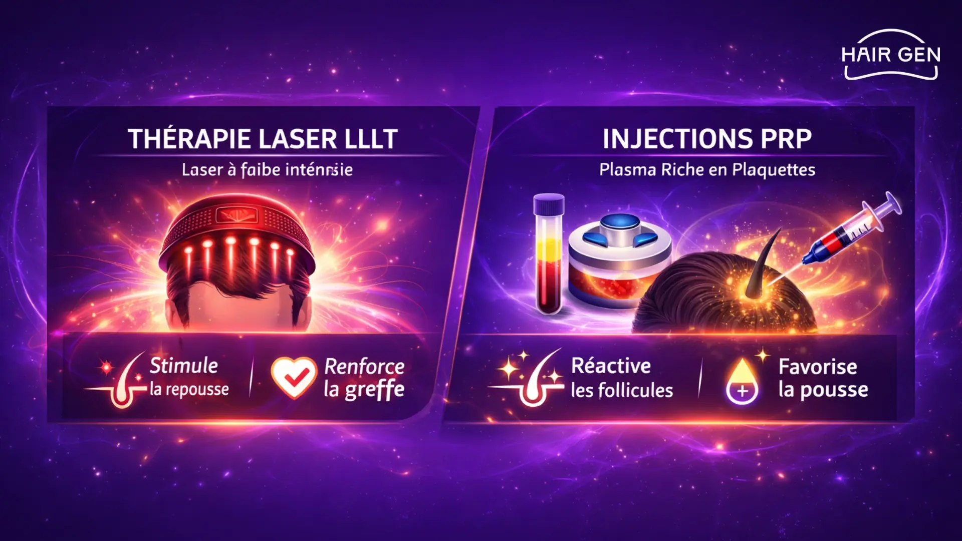 Comparatif entre thérapie laser à faible intensité (LLLT) et injections de plasma riche en plaquettes (PRP) pour stimuler la repousse.