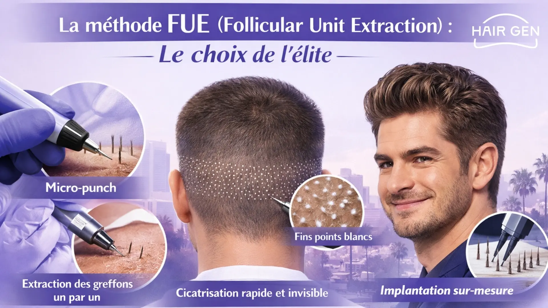 Schéma d'extraction de greffons par micro-punch et cicatrisation invisible FUE.