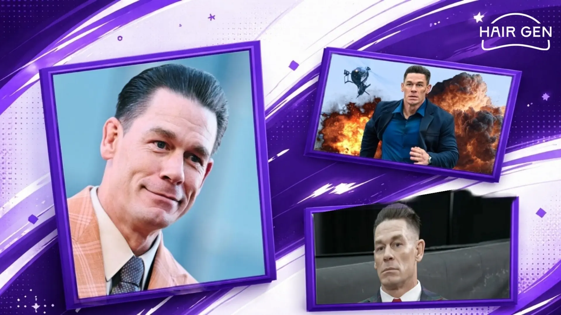 Différentes photos de John Cena affichant une chevelure dense et restaurée.