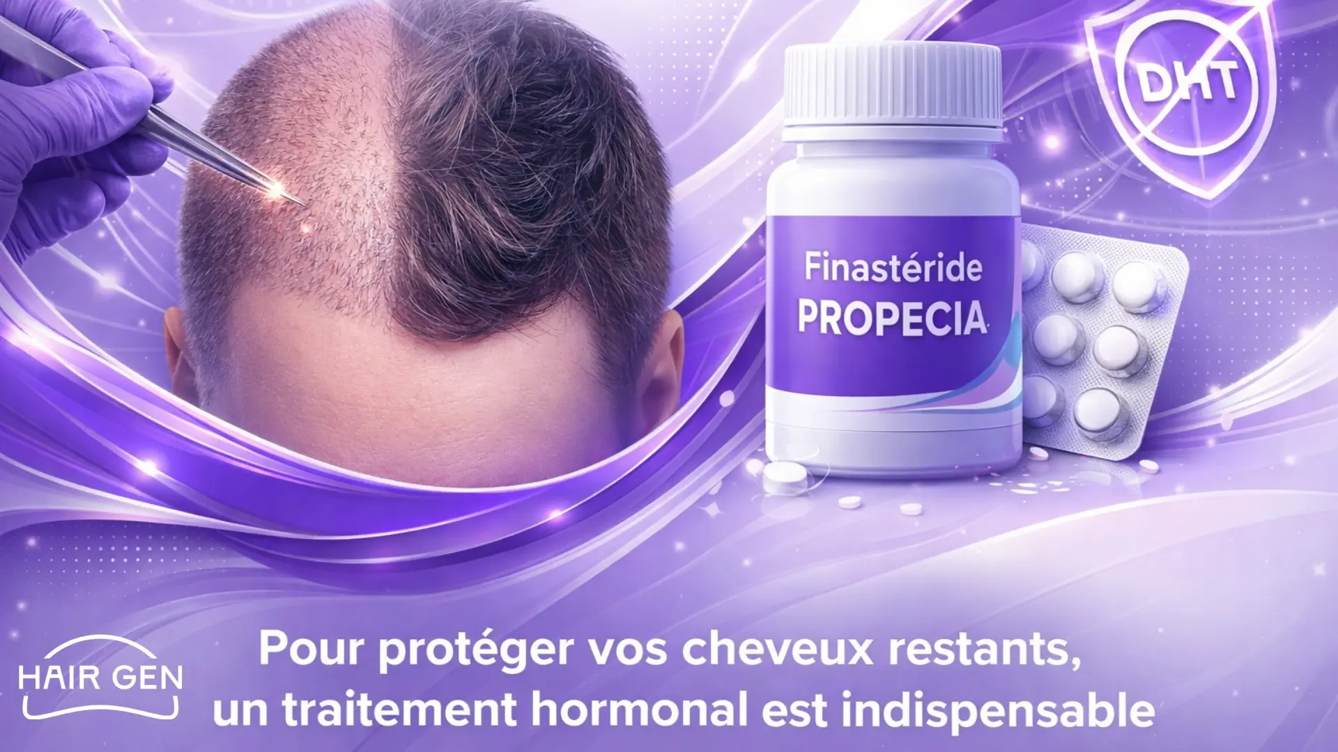 Traitement hormonal au Finastéride Propecia pour bloquer la DHT et protéger les cheveux.