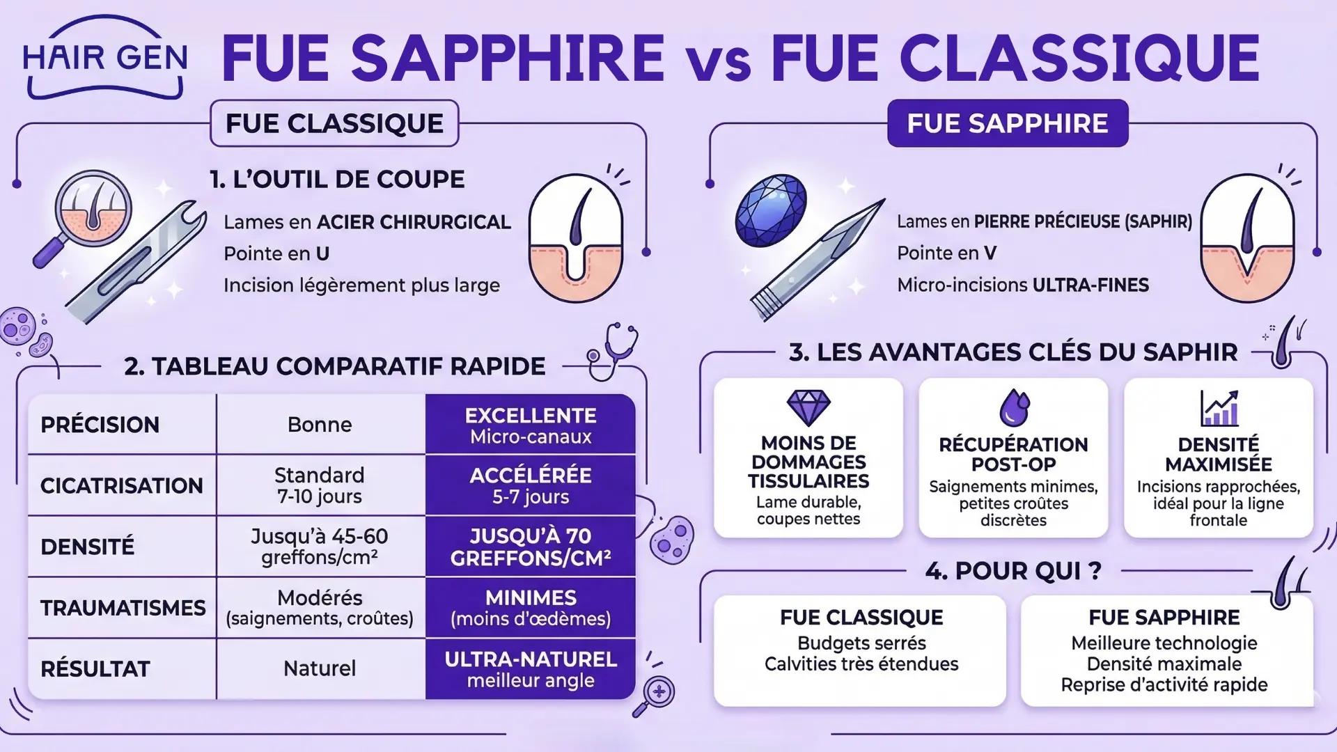 Infographie FUE Sapphire vs Classique.