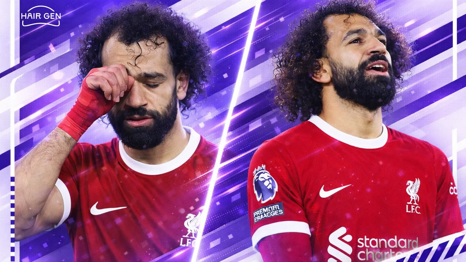 Image virale de Salah sous la pluie contre Newcastle, cheveux mouillés et clairsemés.