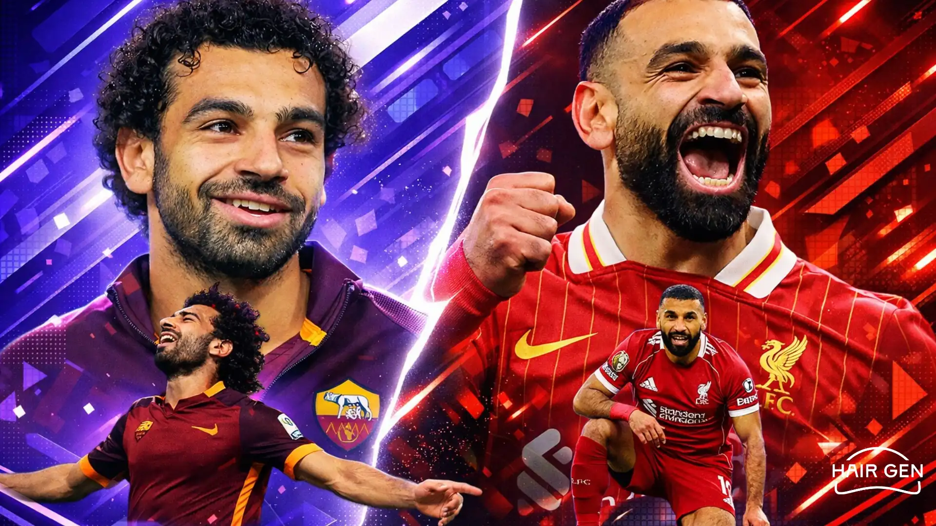 Montage comparatif : Salah 2015 à la Roma vs Salah 2023 à Liverpool.