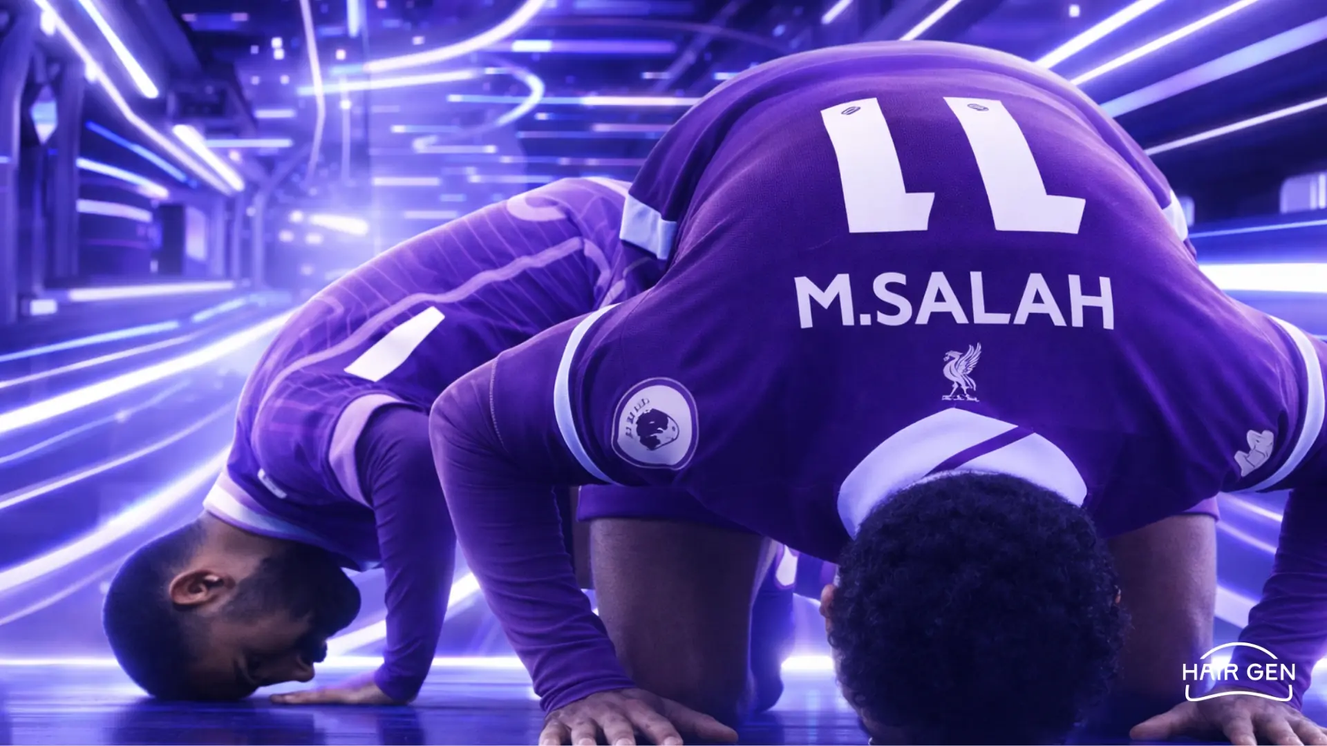 Salah se prosternant (Sujud) sur le terrain après un but.