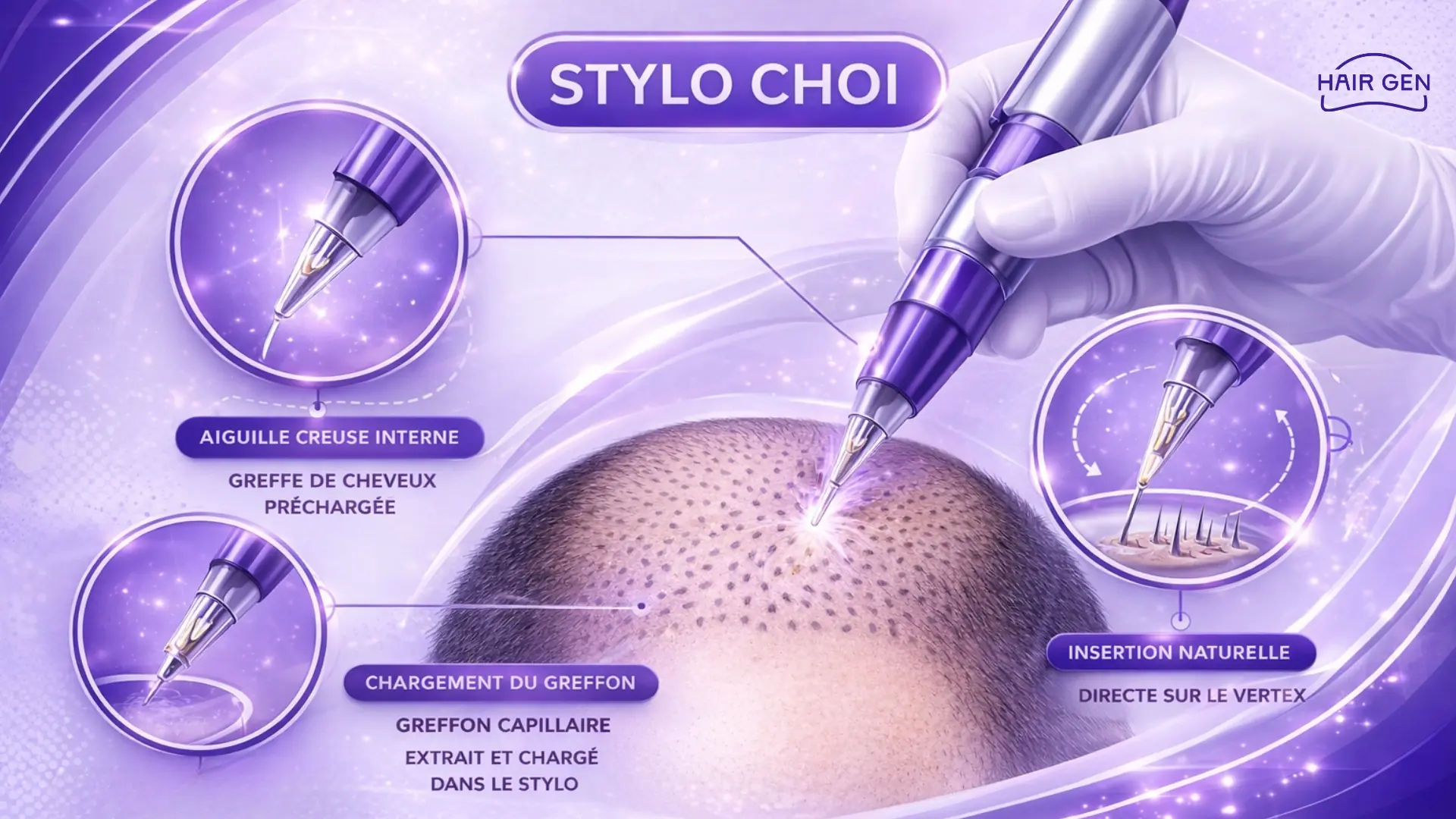 Explication du stylo Choi pour la greffe DHI sur le vertex.