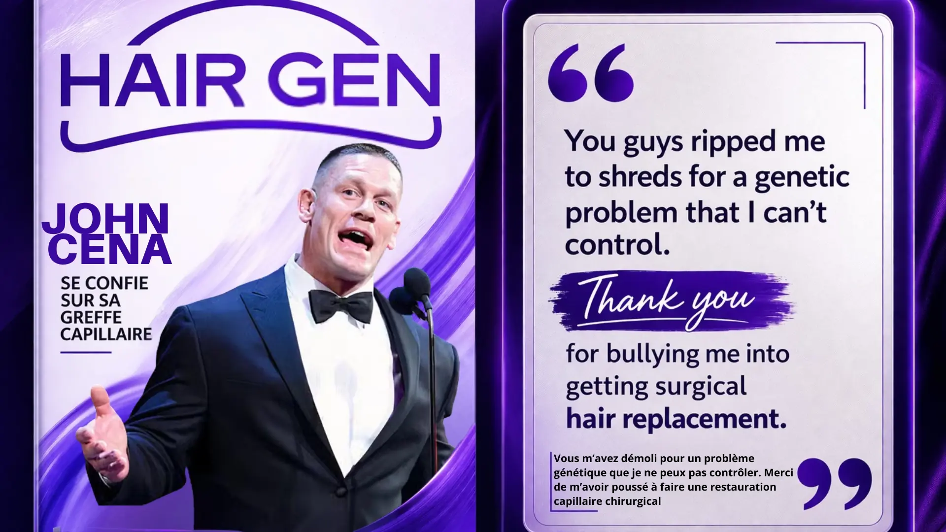 Citation de John Cena sur sa décision de recourir à une greffe de cheveux suite à une calvitie génétique et à la pression médiatique.